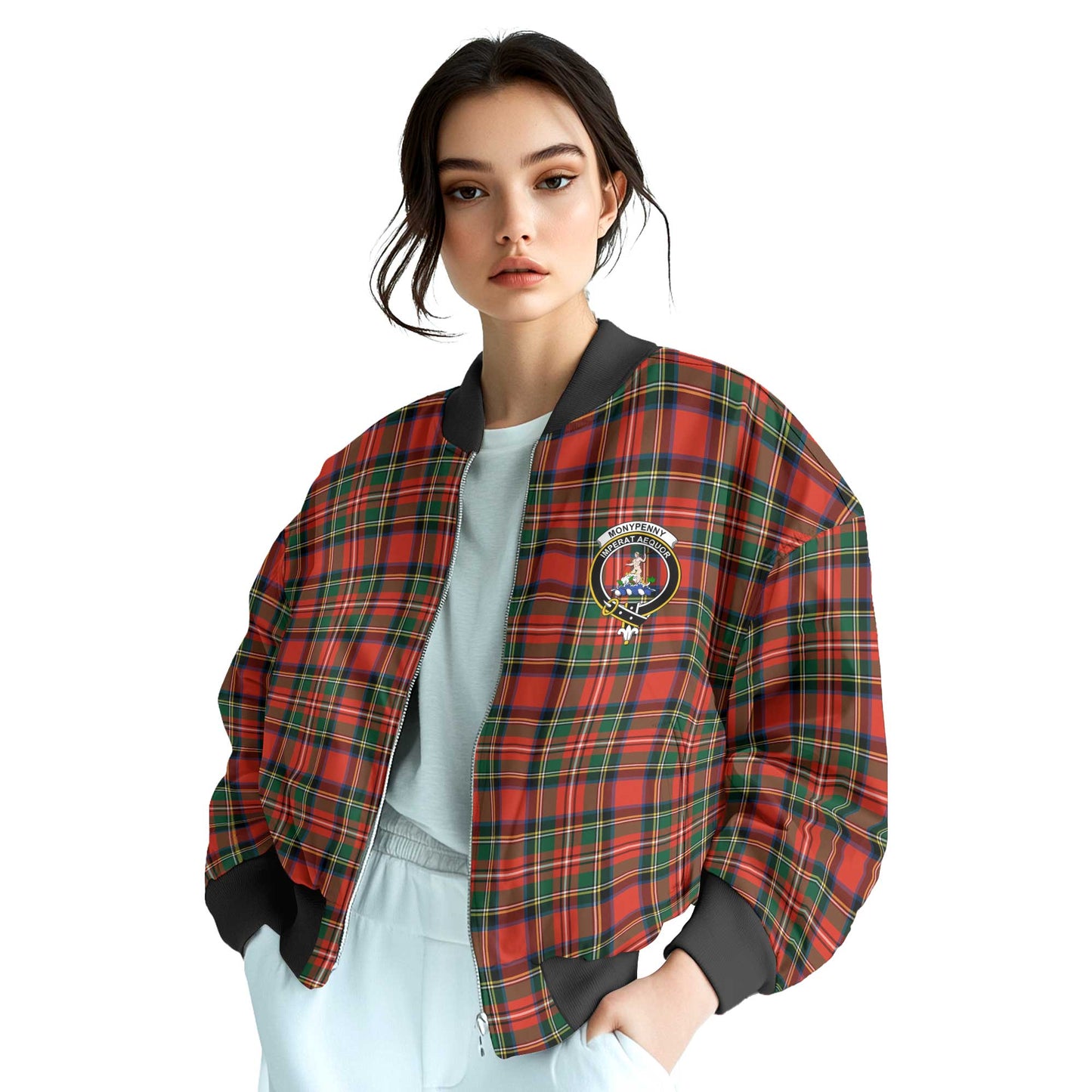 Clan Monypenny Tartan Women Bomber Jacket Crest And Plaid Basic Style