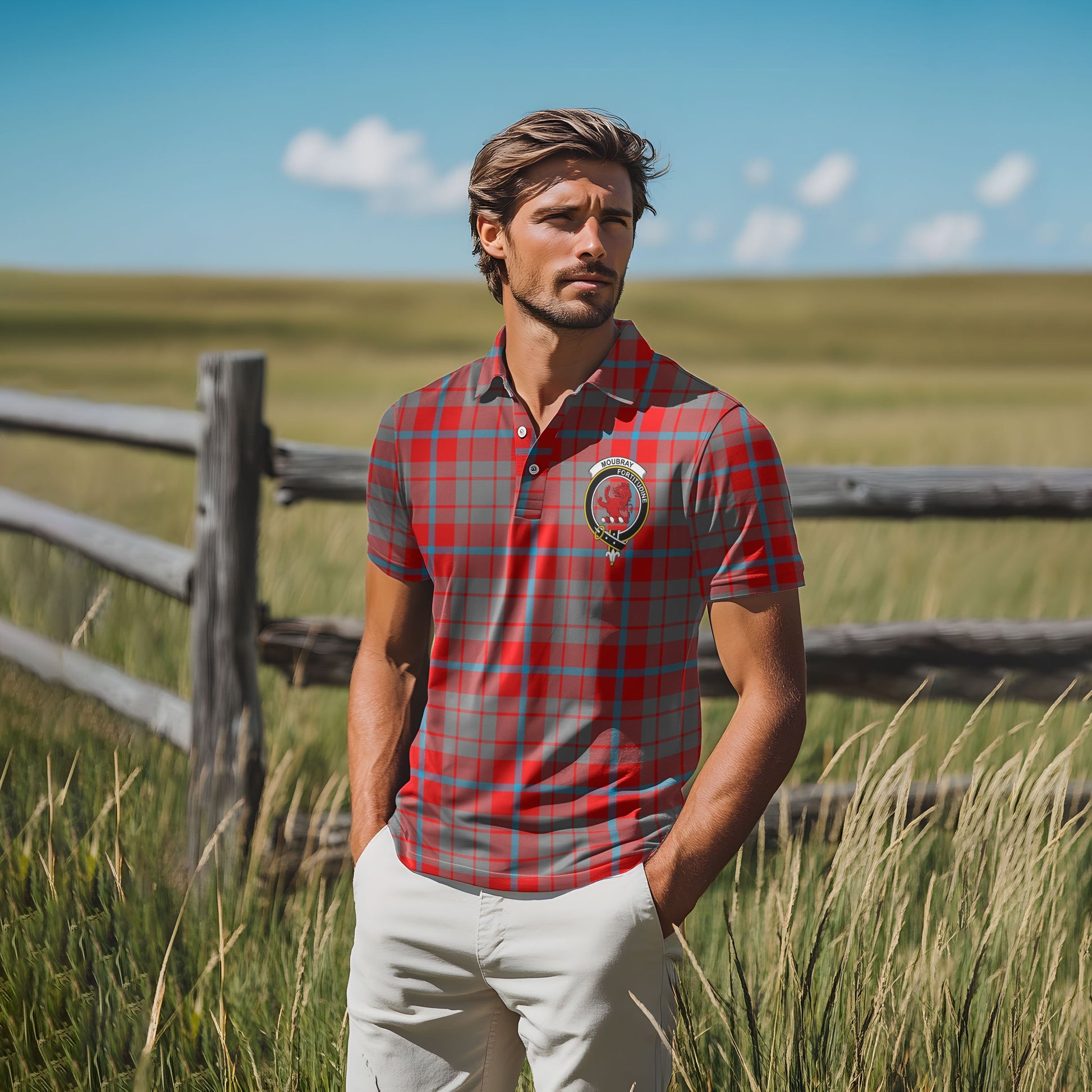 Clan Moubray Tartan Golf Men Polo Shirt Crest And Plaid Basic Style