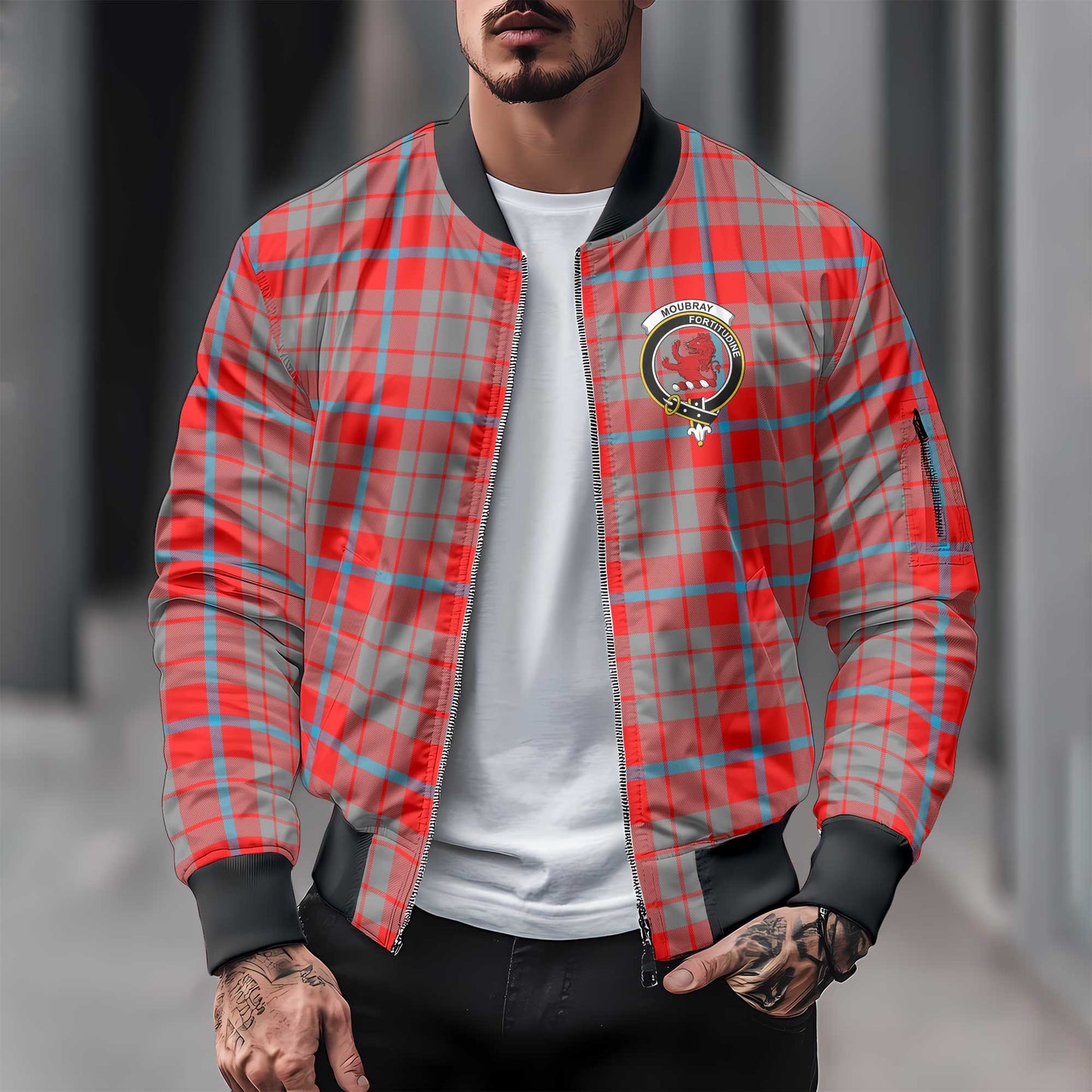 Clan Moubray Tartan Men Bomber Jacket Crest And Plaid Basic Style