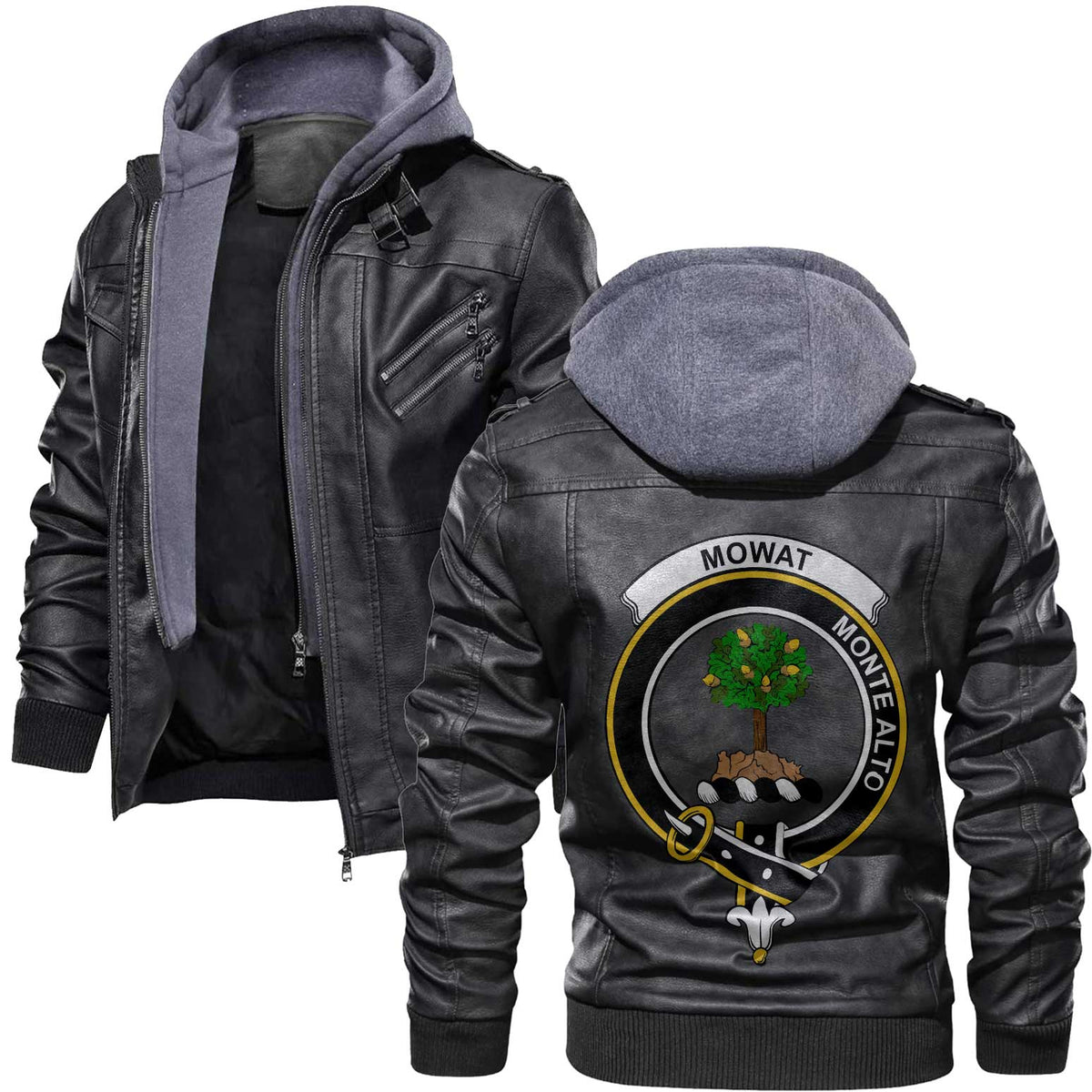 Clan Mowat Of Inglistoun Tartan Zip Leather Jacket Crest And Plaid Basic Style