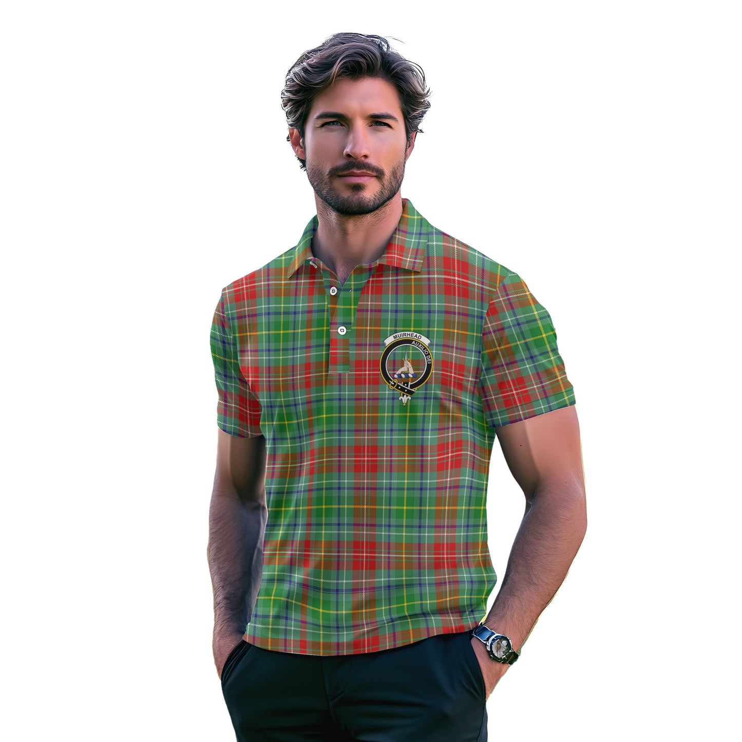 Clan Muirhead Tartan Golf Tartan Men Polo Shirt Crest And Plaid Basic Style