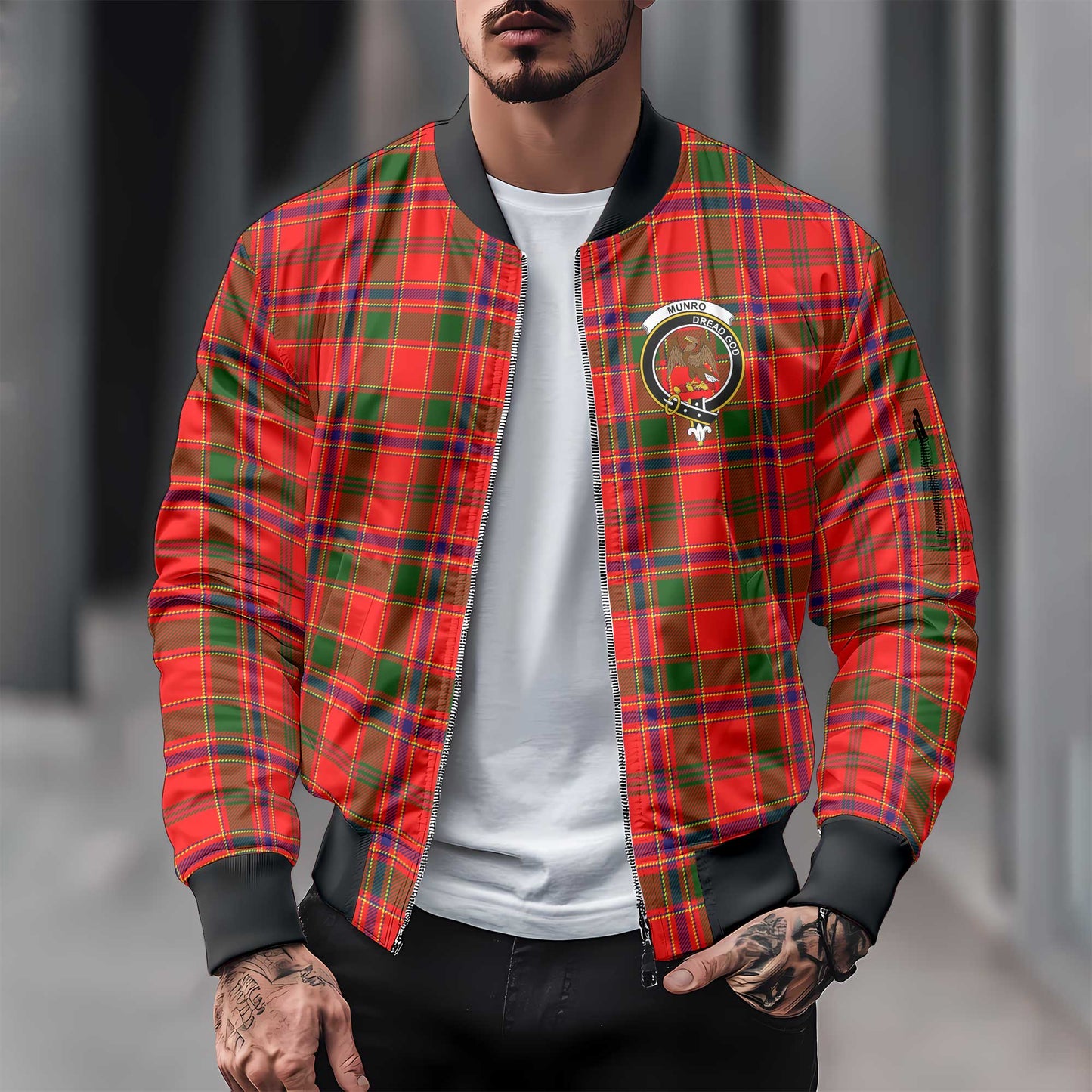 Clan Munro Tartan Men Bomber Jacket Crest And Plaid Basic Style