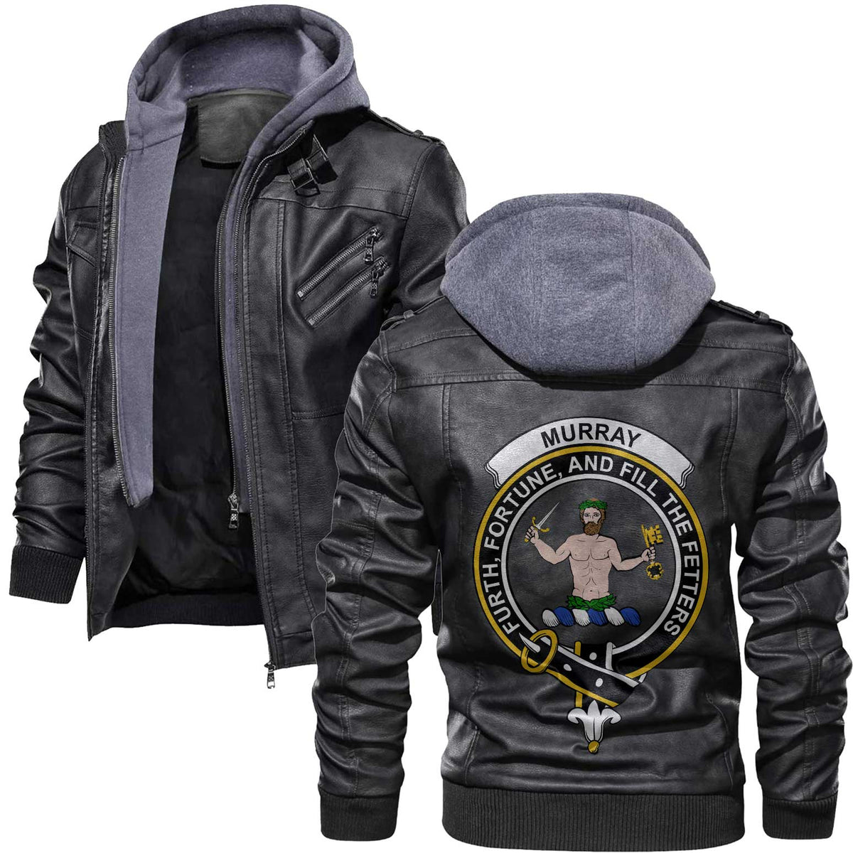 Clan Murray Of Atholl Tartan Zip Leather Jacket Crest And Plaid Basic Style