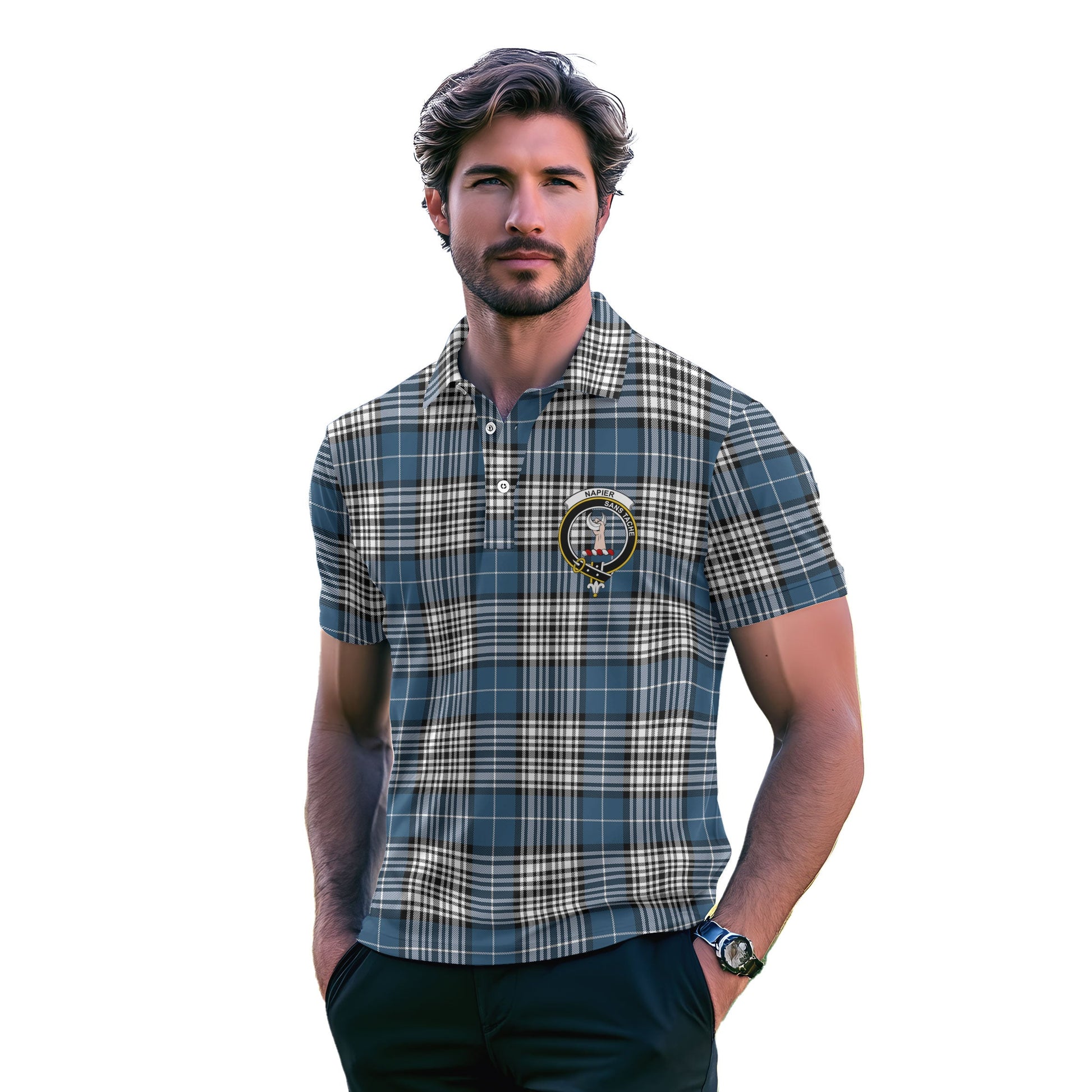 Clan Napier Tartan Golf Men Polo Shirt Crest And Plaid Basic Style