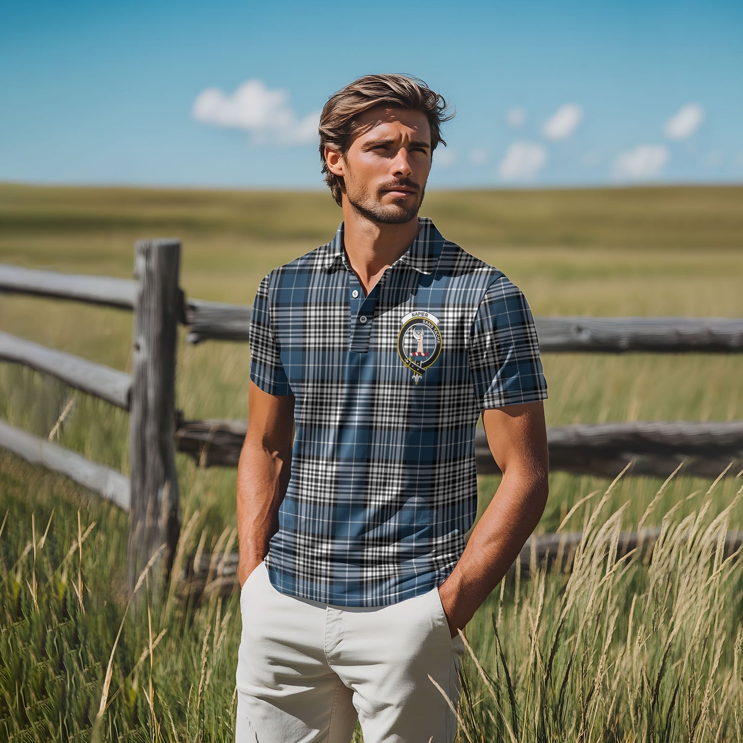 Clan Napier Tartan Golf Men Polo Shirt Crest And Plaid Basic Style