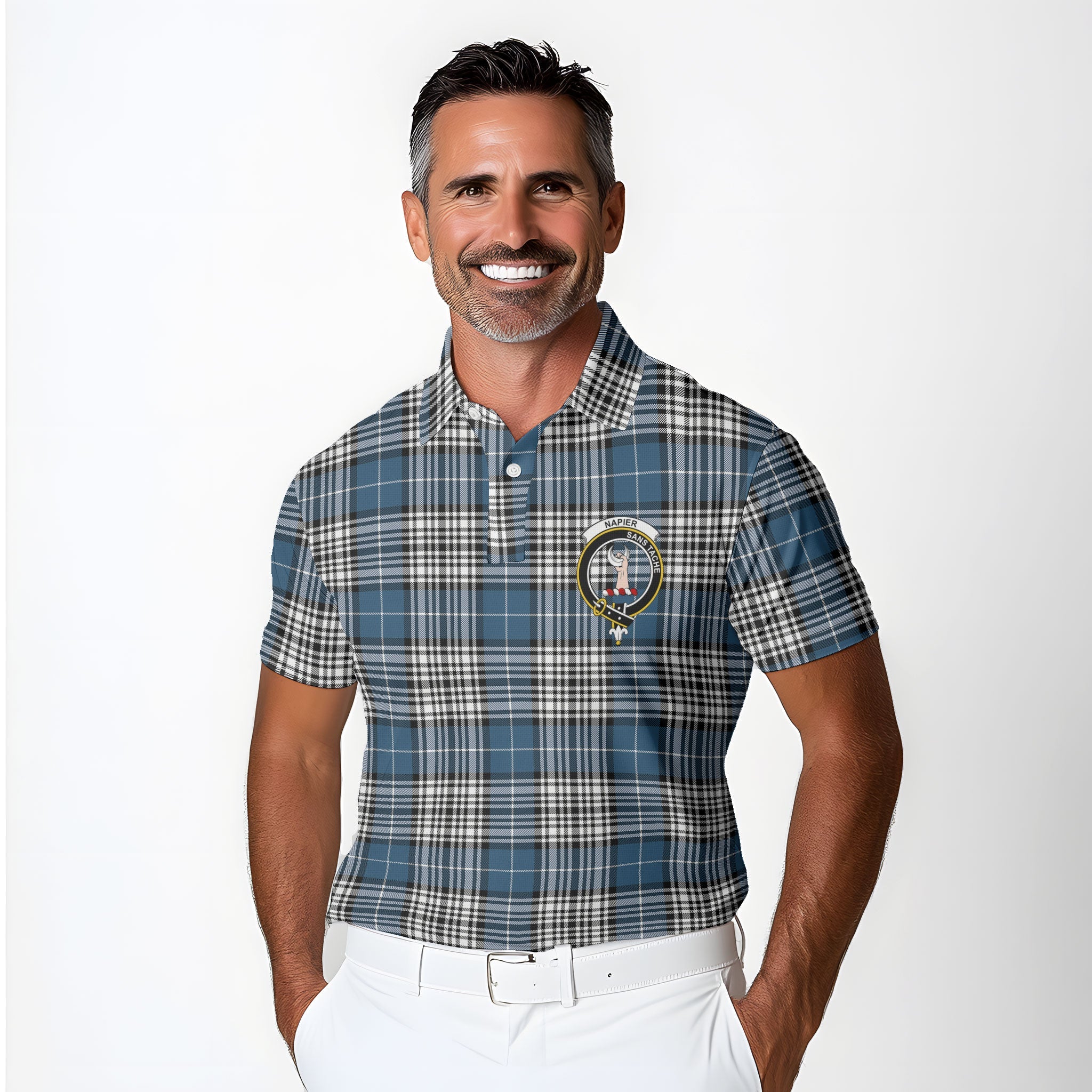 Clan Napier Tartan Golf Men Polo Shirt Crest And Plaid Basic Style