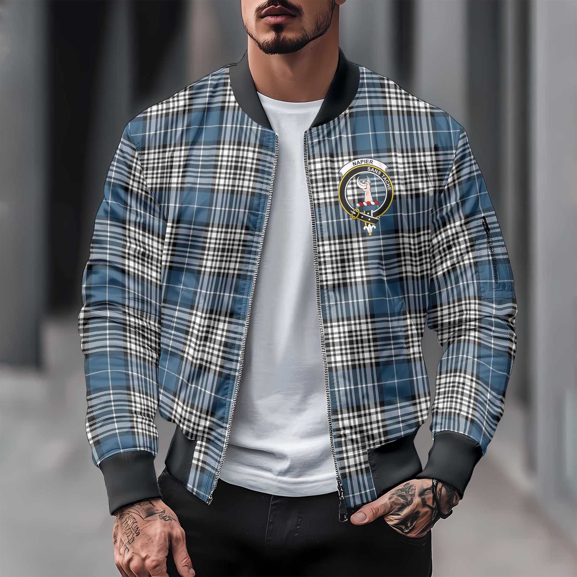 Clan Napier Tartan Men Bomber Jacket Crest And Plaid Basic Style