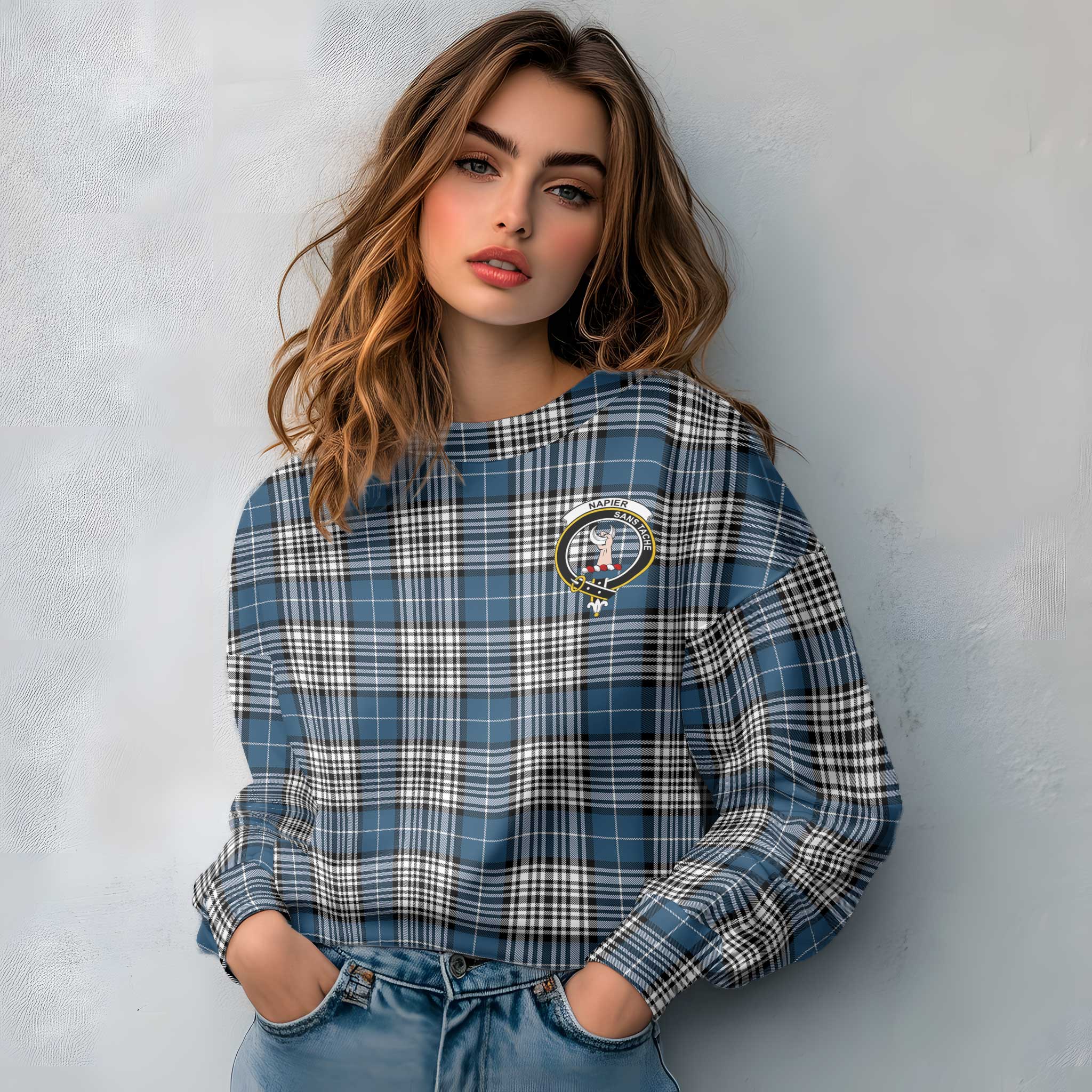 Clan Napier Tartan Women Sweatshirt Crest And Plaid Basic Style