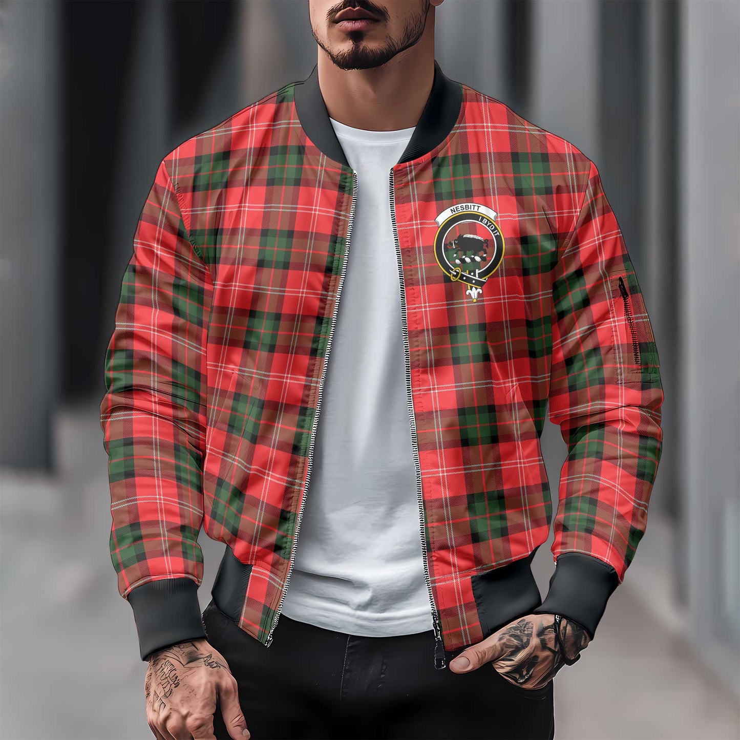 Clan Nesbitt Tartan Men Bomber Jacket Crest And Plaid Basic Style