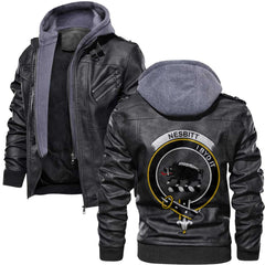 Clan Nesbitt Tartan Zip Leather Jacket Crest And Plaid Basic Style