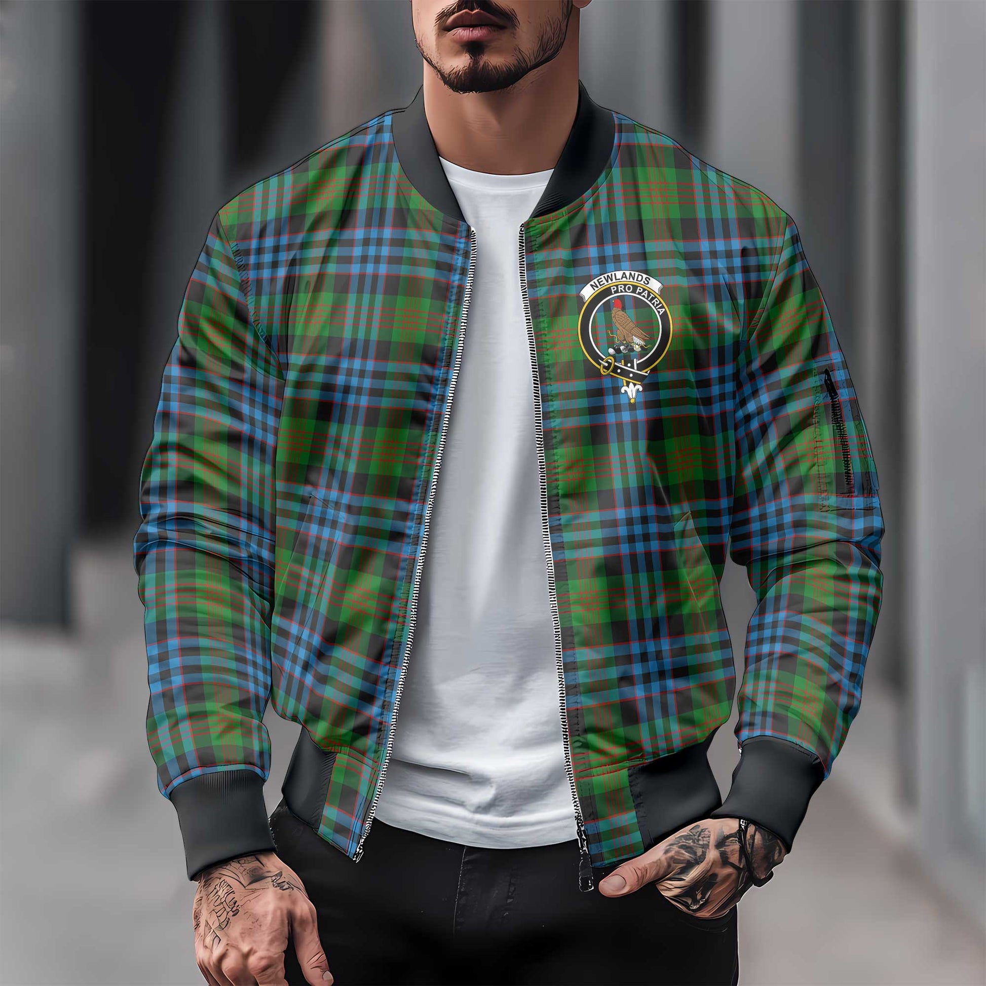 Clan Newlands Tartan Men Bomber Jacket Crest And Plaid Basic Style