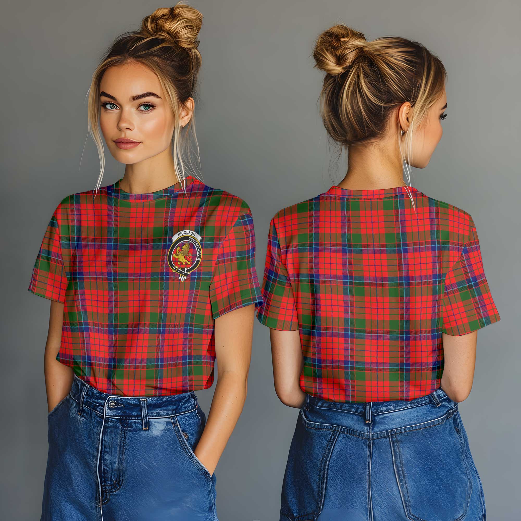 Clan Nicolson Tartan Women T Shirt Crest And Plaid Basic Style