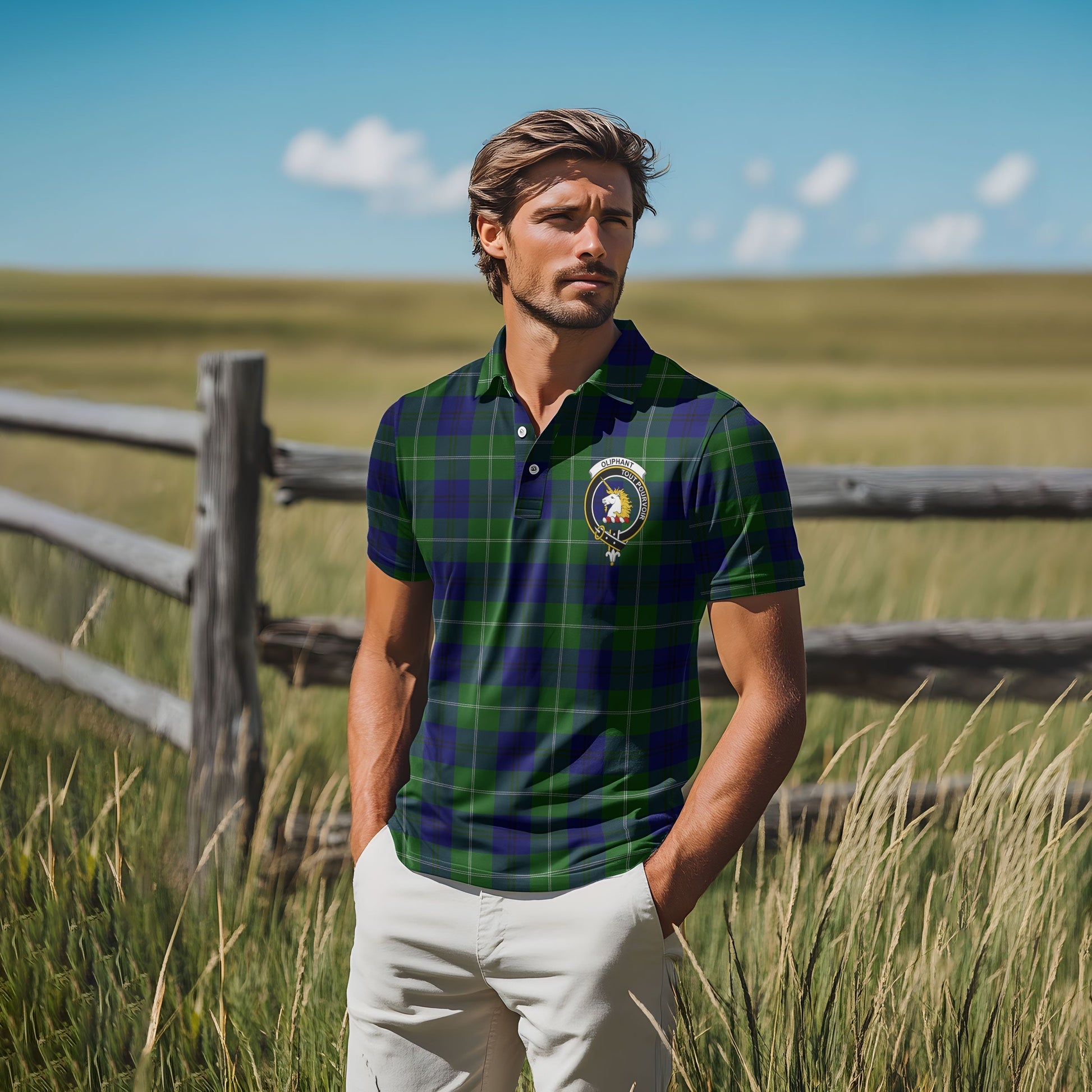 Clan Oliphant Tartan Golf Tartan Men Polo Shirt Crest And Plaid Basic Style