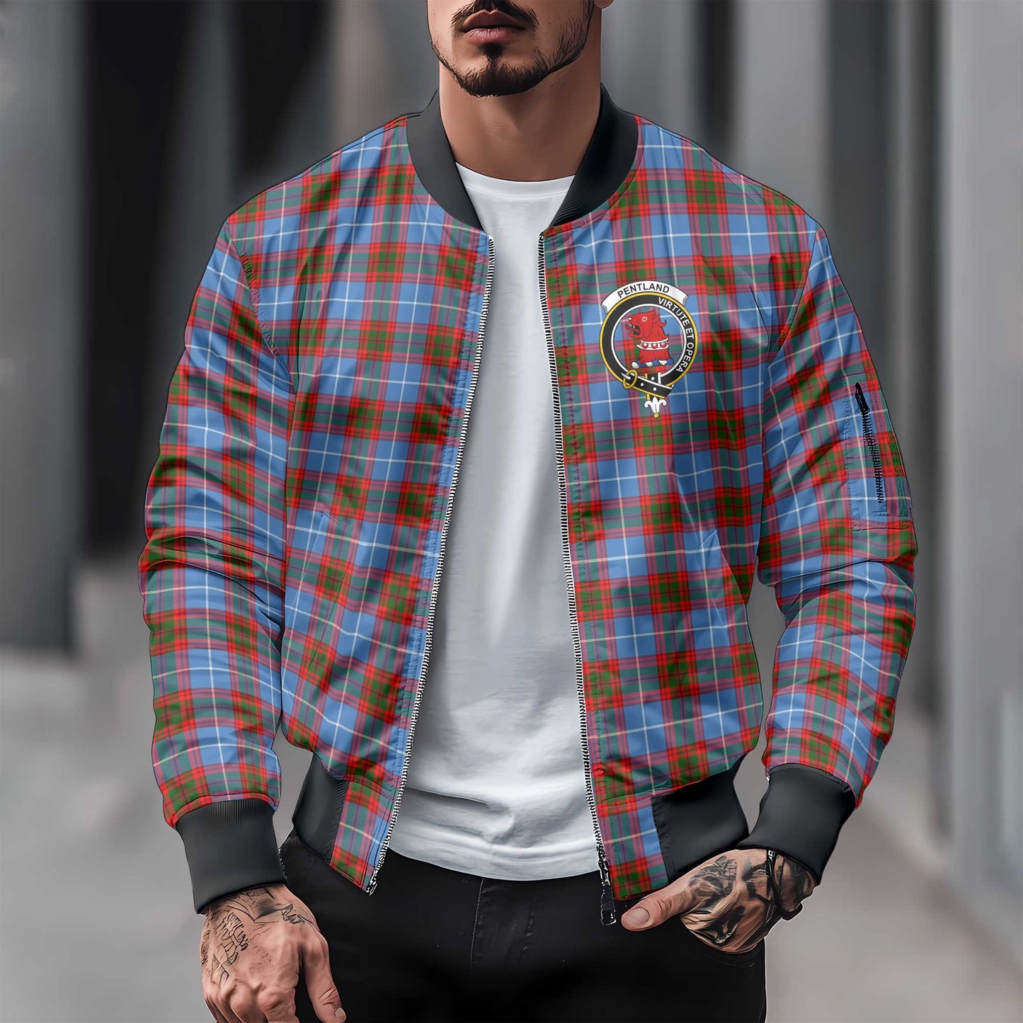 Clan Pentland Tartan Men Bomber Jacket Crest And Plaid Basic Style