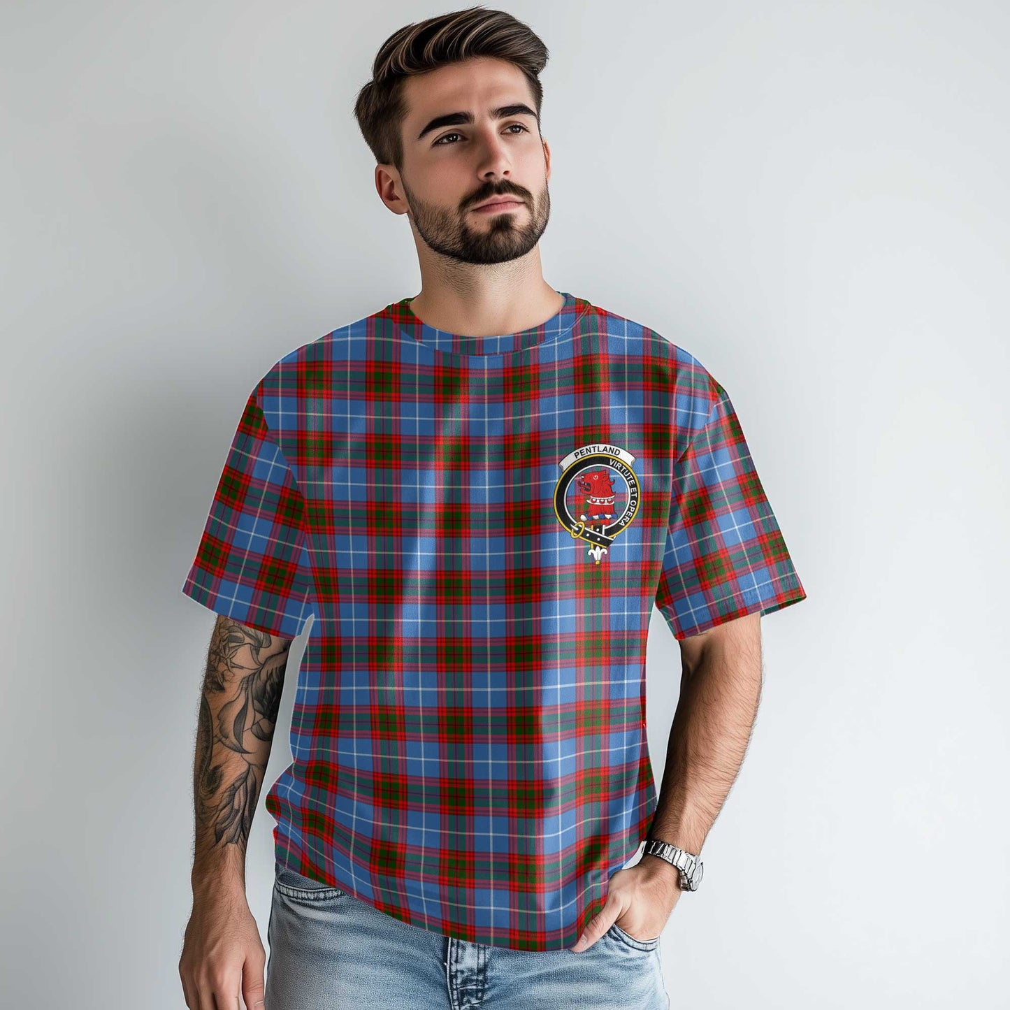 Clan Pentland Tartan Men T Shirt Crest And Plaid Basic Style