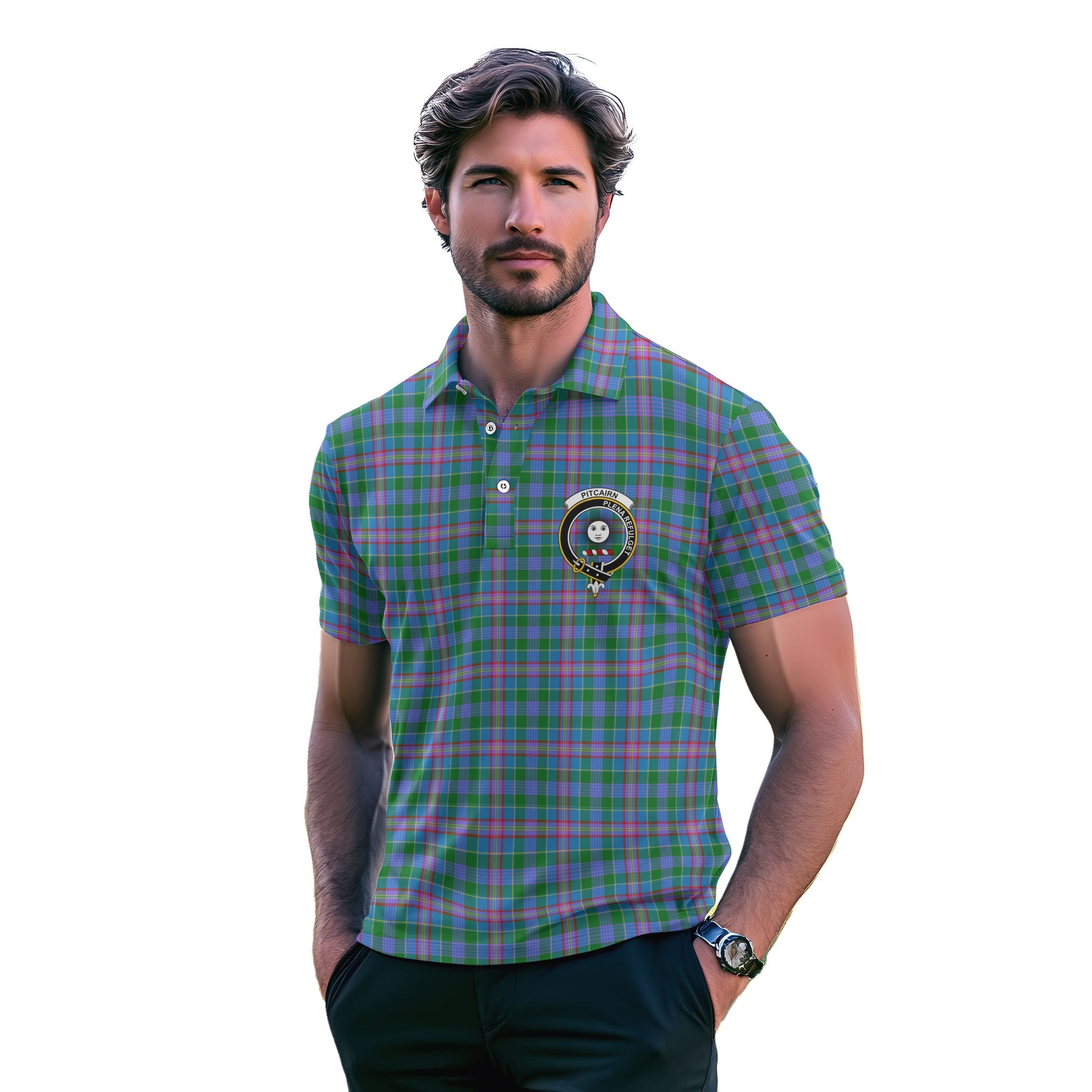 Clan Pitcairn Tartan Golf Men Polo Shirt Crest And Plaid Basic Style