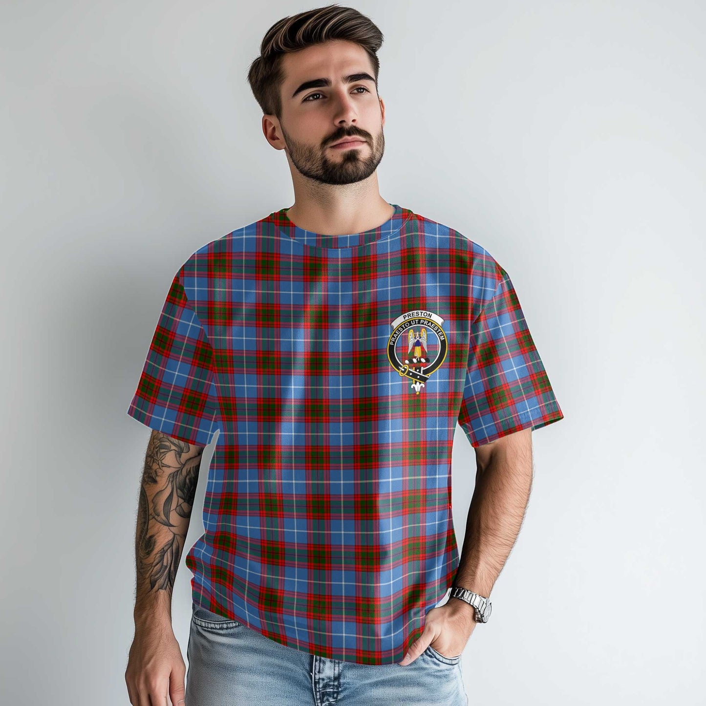 Clan Preston Tartan Men T Shirt Crest And Plaid Basic Style