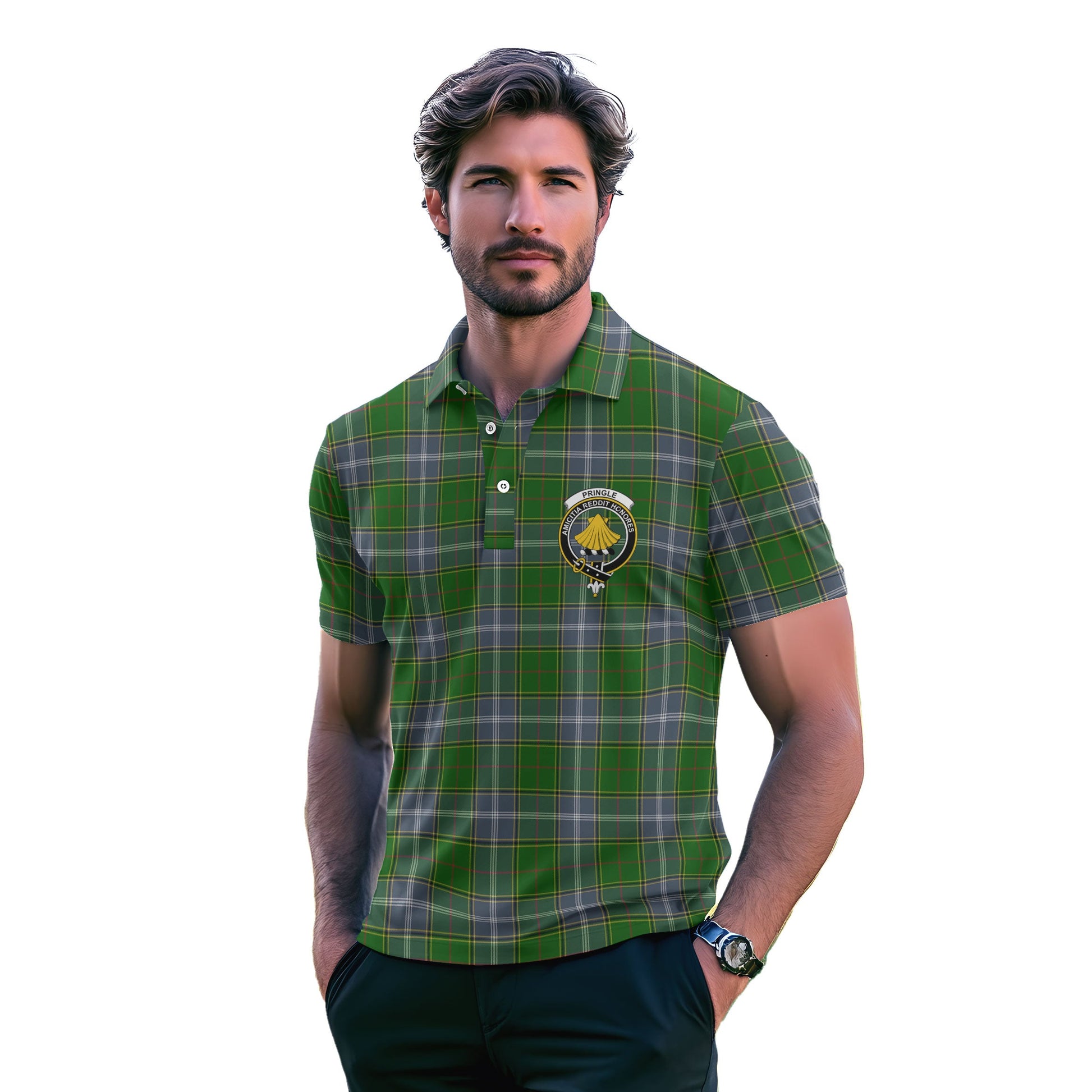 Clan Pringle Tartan Golf Men Polo Shirt Crest And Plaid Basic Style