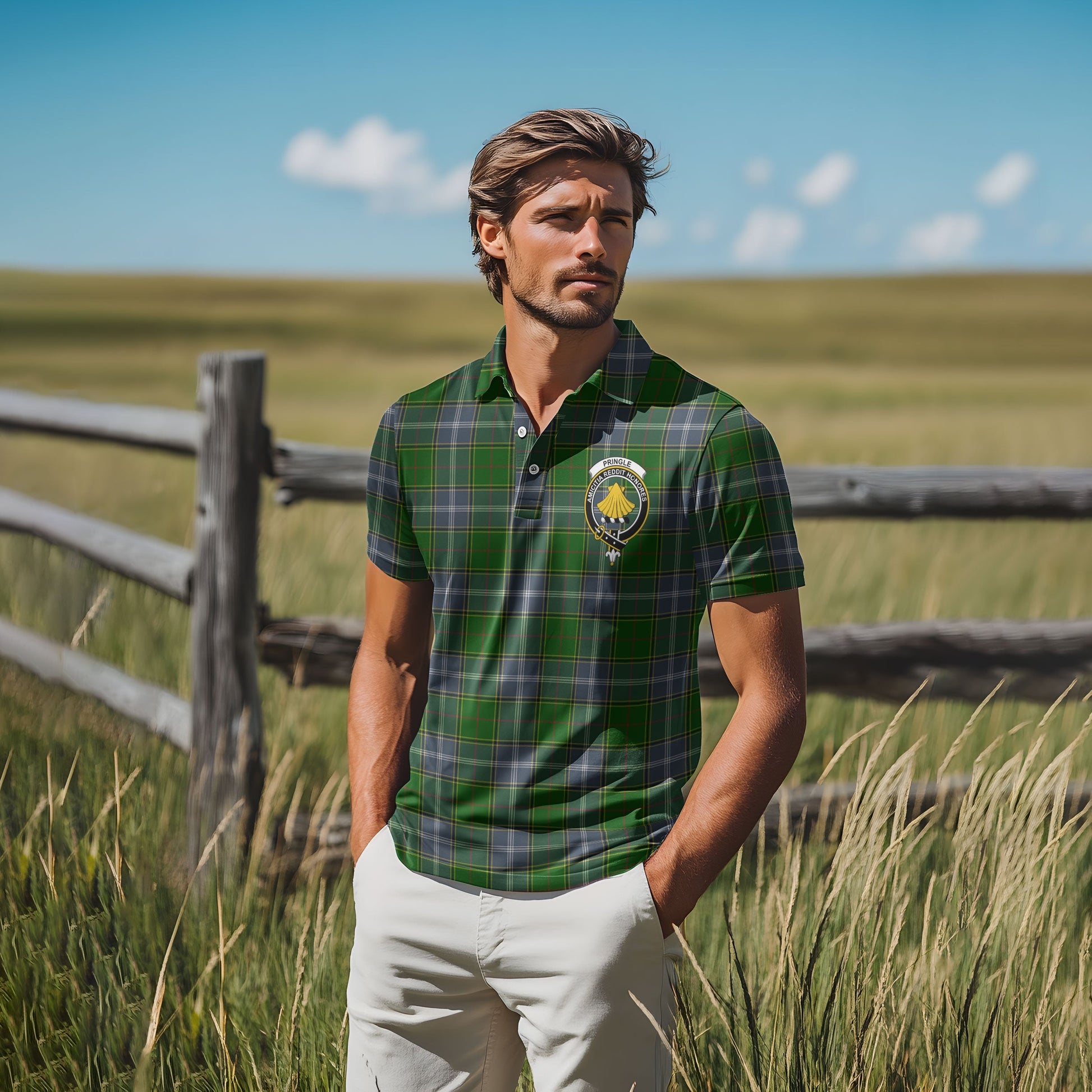 Clan Pringle Tartan Golf Tartan Men Polo Shirt Crest And Plaid Basic Style