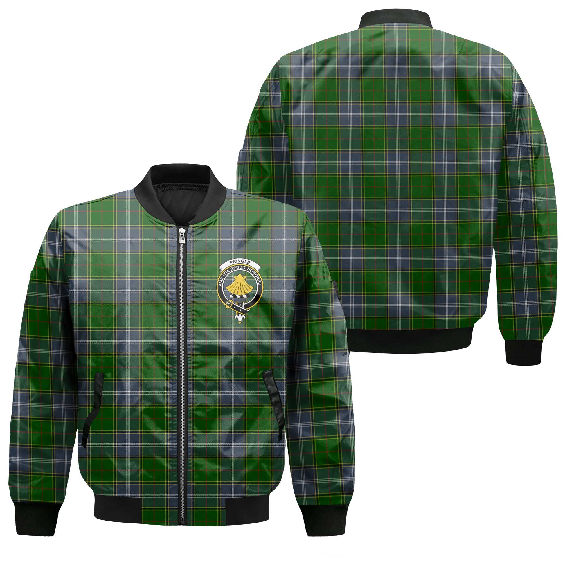 Clan Pringle Tartan Men Bomber Jacket Crest And Plaid Basic Style