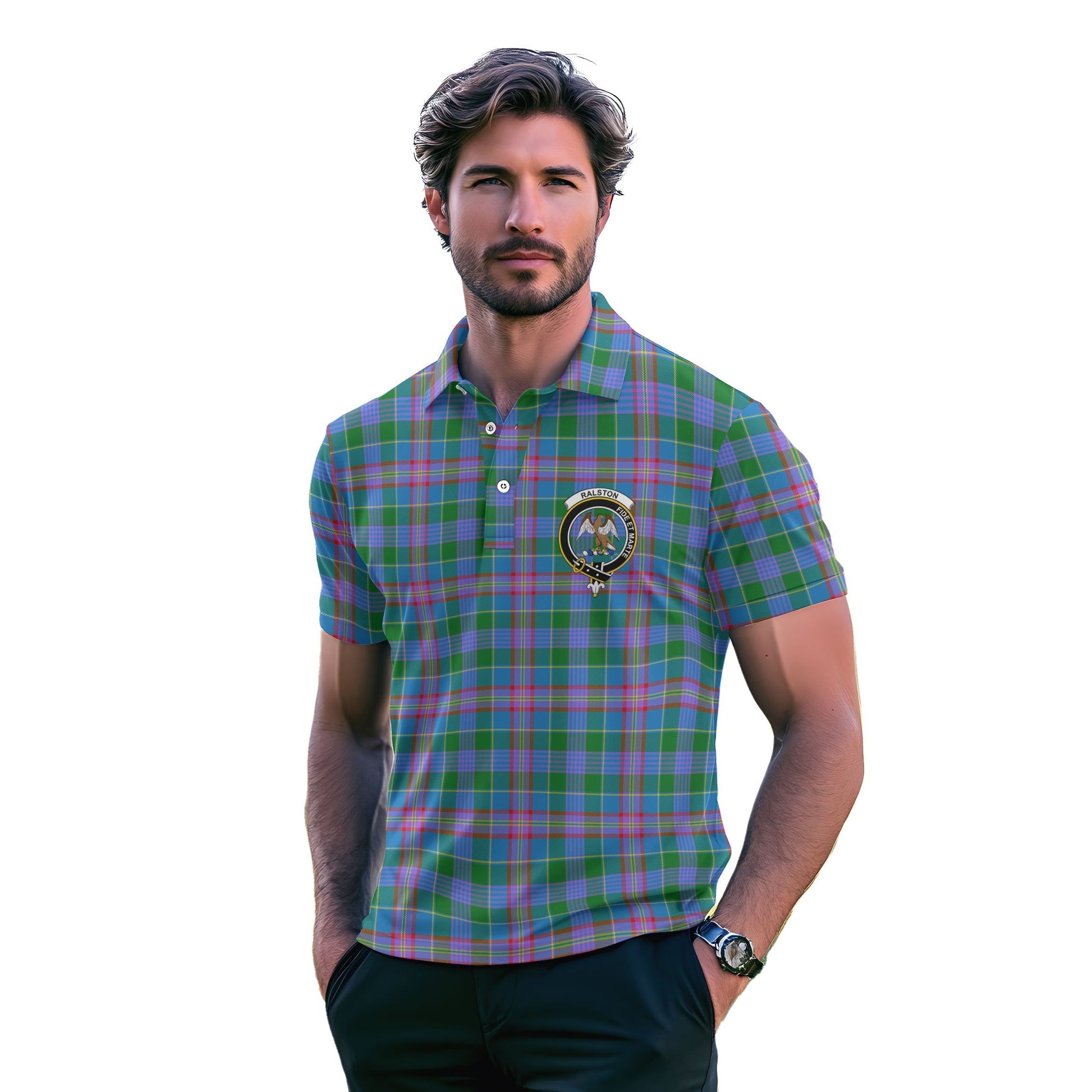 Clan Ralston Tartan Golf Tartan Men Polo Shirt Crest And Plaid Basic Style