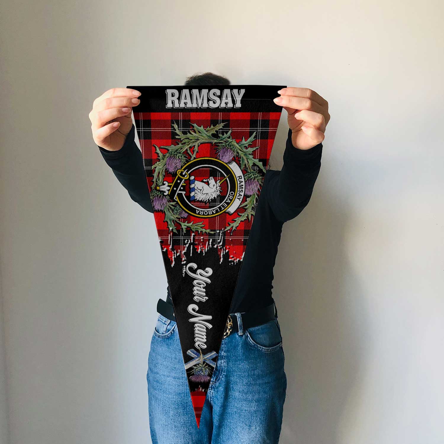 Clan Ramsay Tartan Felt Pennant Crest And Plaid Basic Style