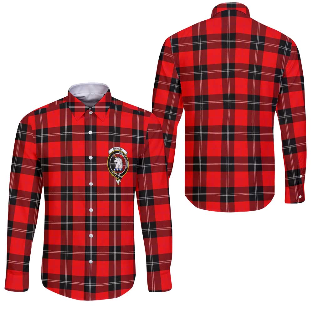 Clan Ramsay Tartan Long Sleeve Button Shirt Crest And Plaid Basic Style