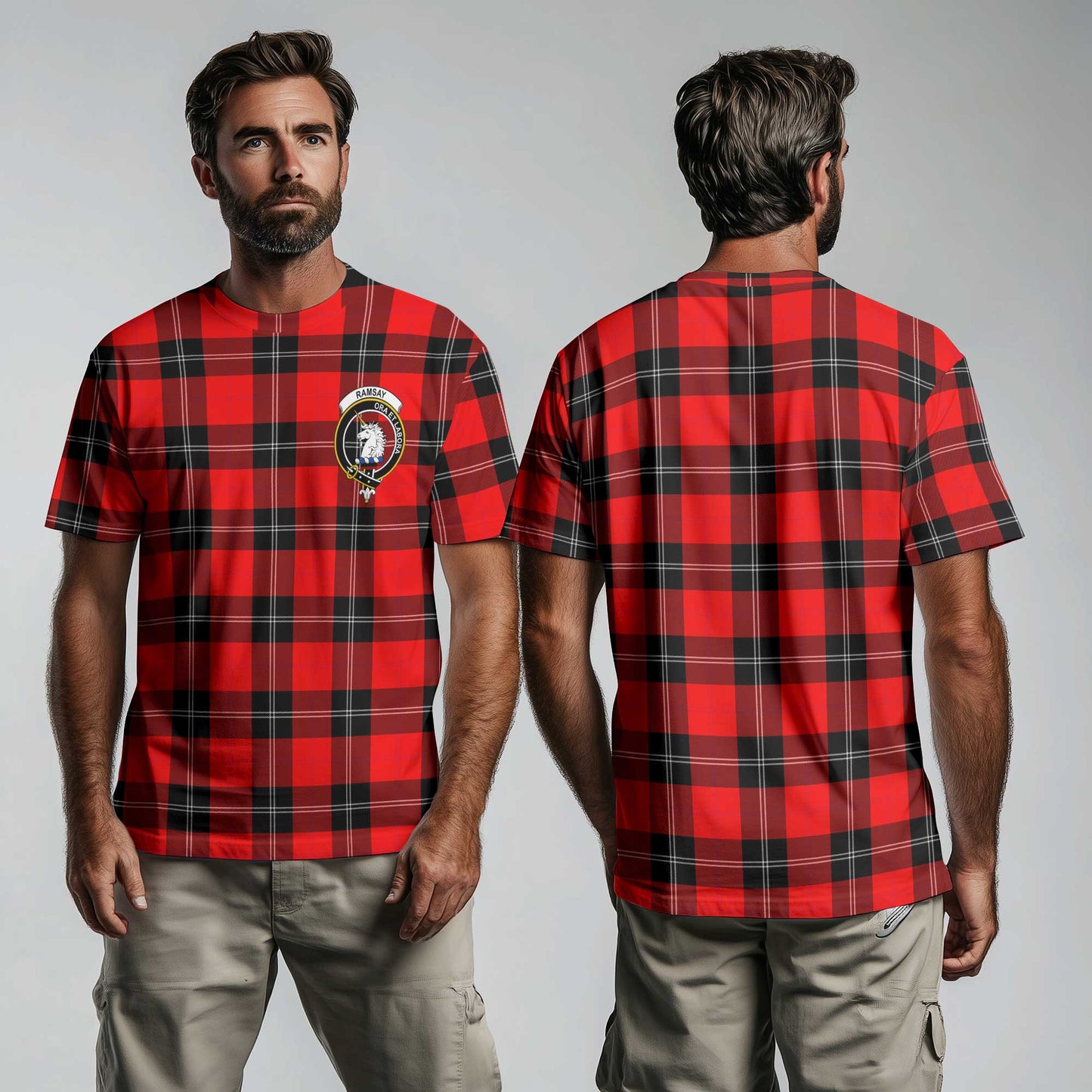 Clan Ramsay Tartan Men T Shirt Crest And Plaid Basic Style