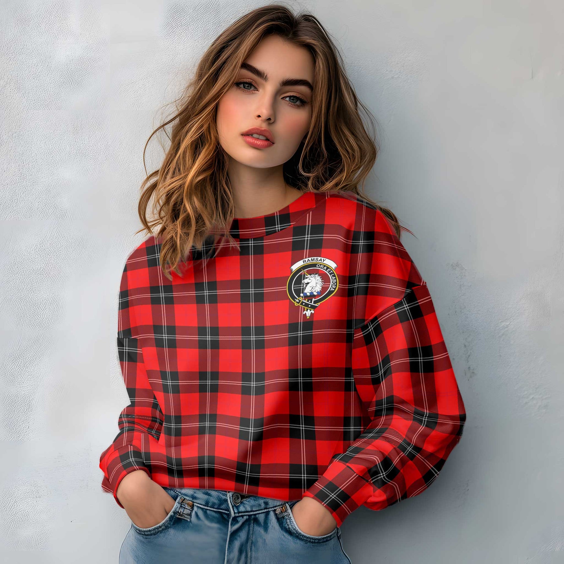 Clan Ramsay Tartan Women Sweatshirt Crest And Plaid Basic Style