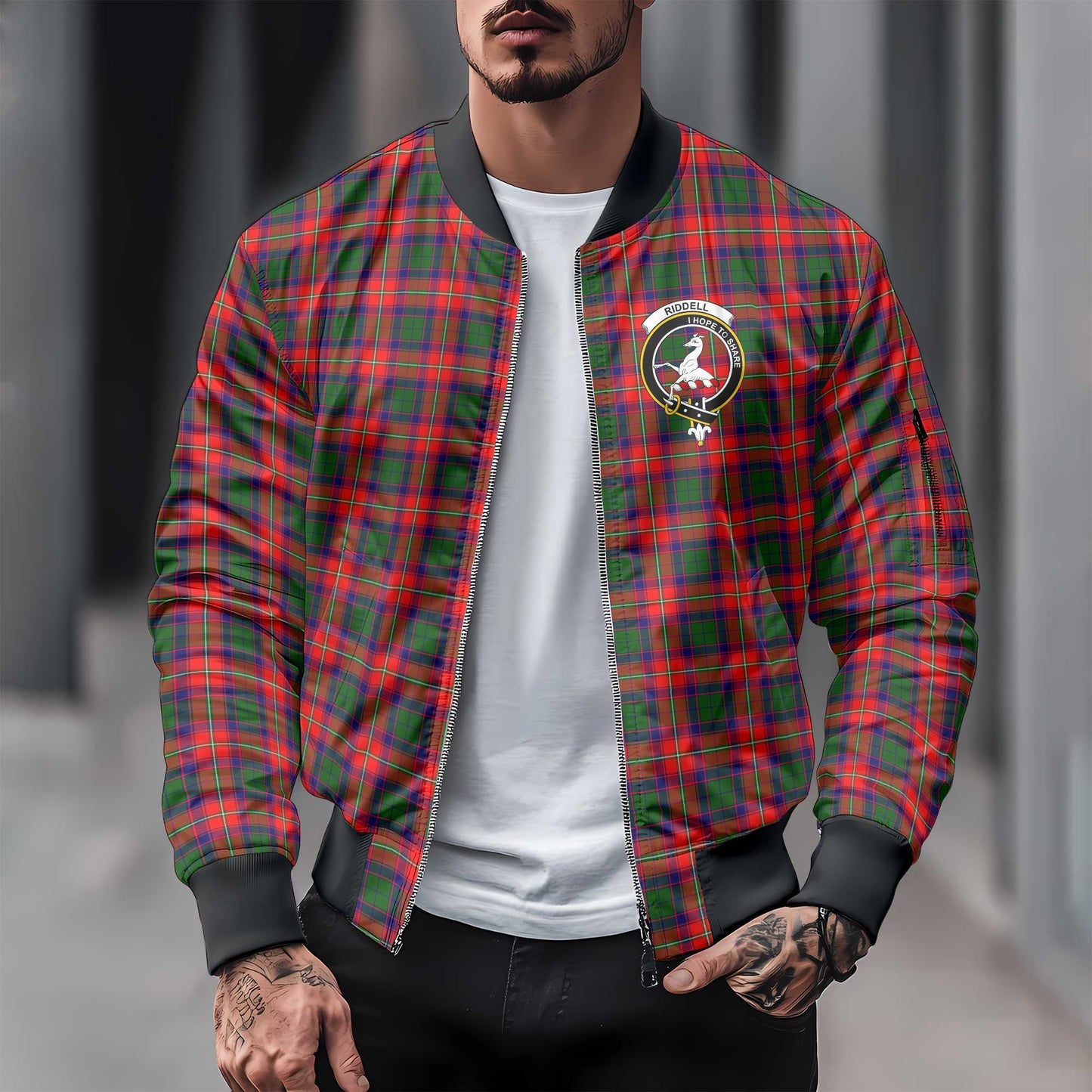 Clan Riddell Tartan Men Bomber Jacket Crest And Plaid Basic Style