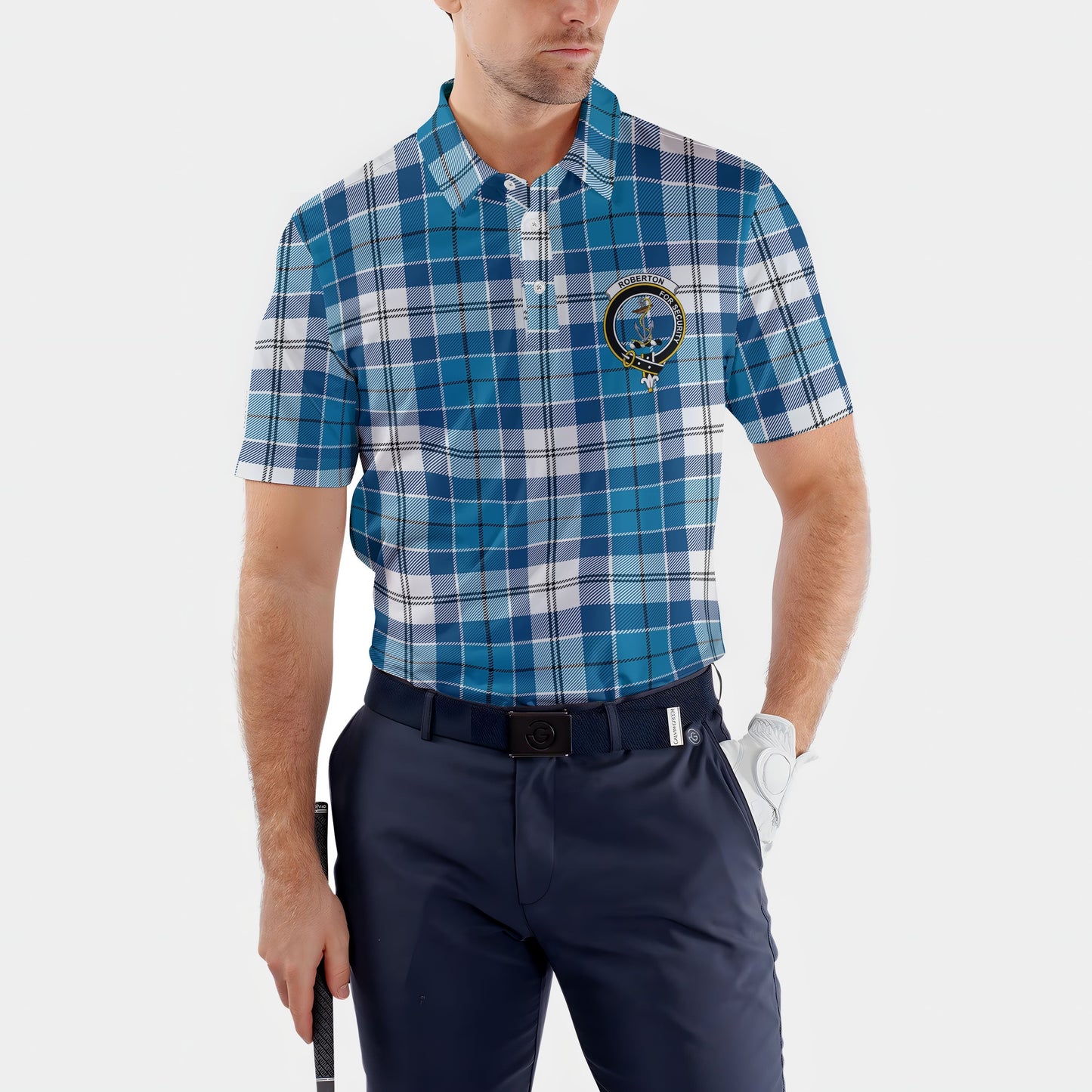 Clan Roberton Tartan Golf Tartan Men Polo Shirt Crest And Plaid Basic Style