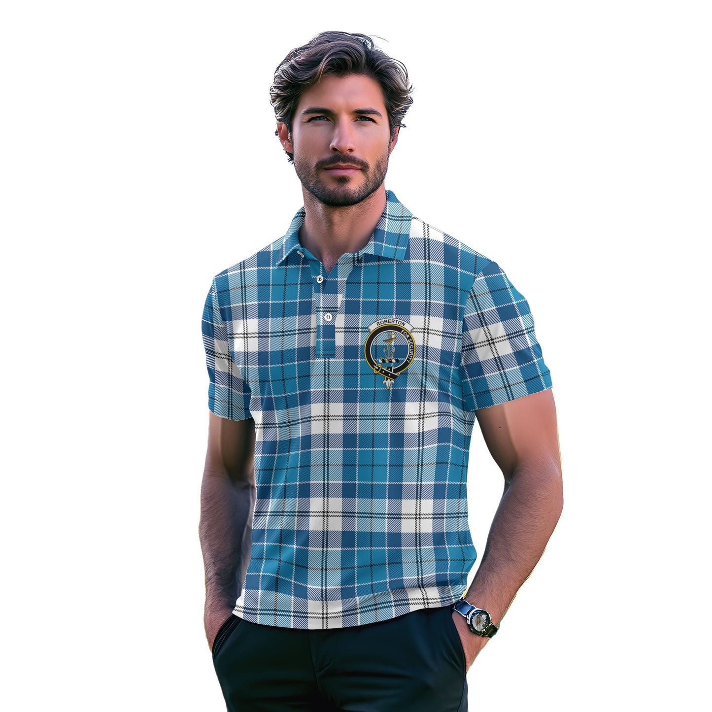 Clan Roberton Tartan Golf Tartan Men Polo Shirt Crest And Plaid Basic Style