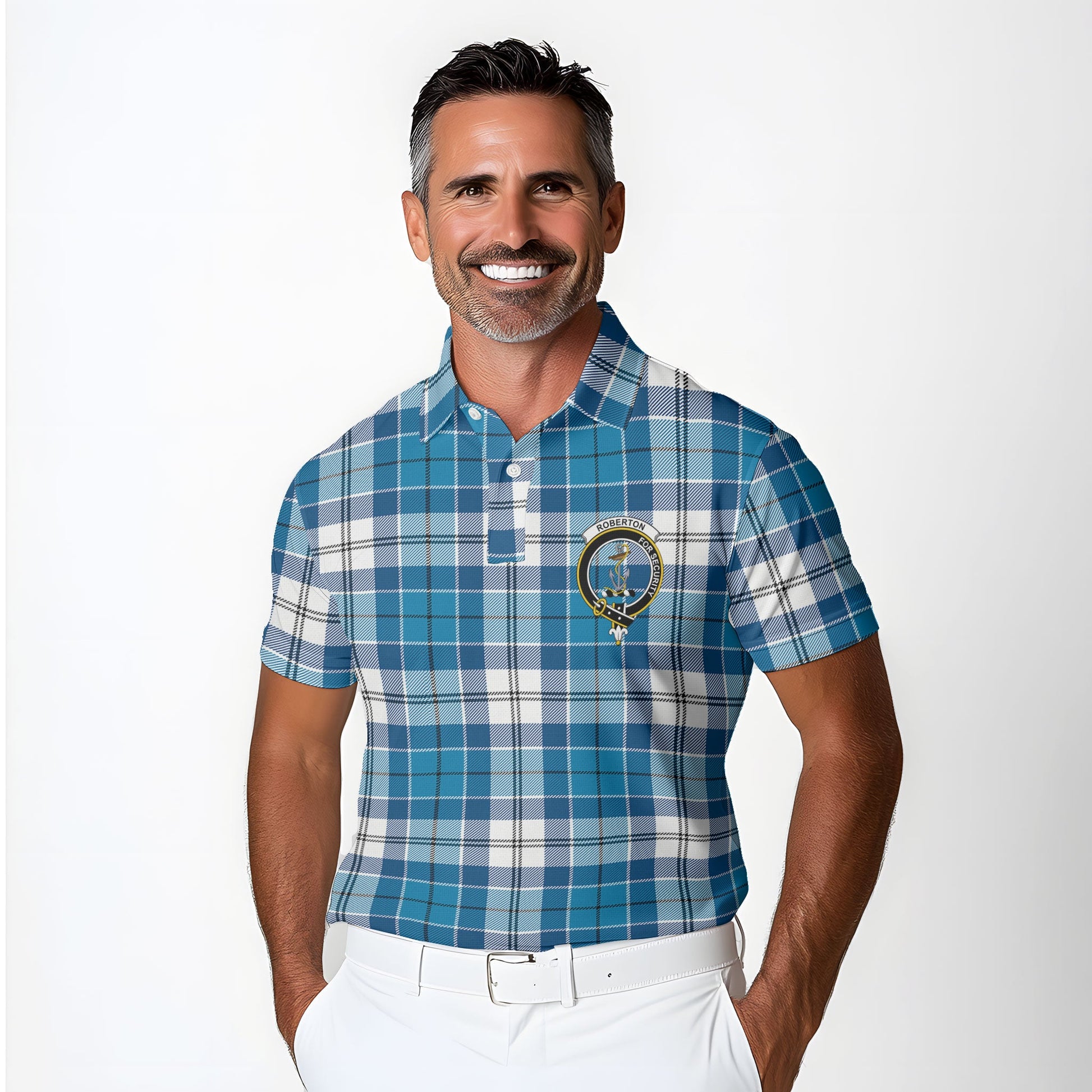 Clan Roberton Tartan Golf Men Polo Shirt Crest And Plaid Basic Style