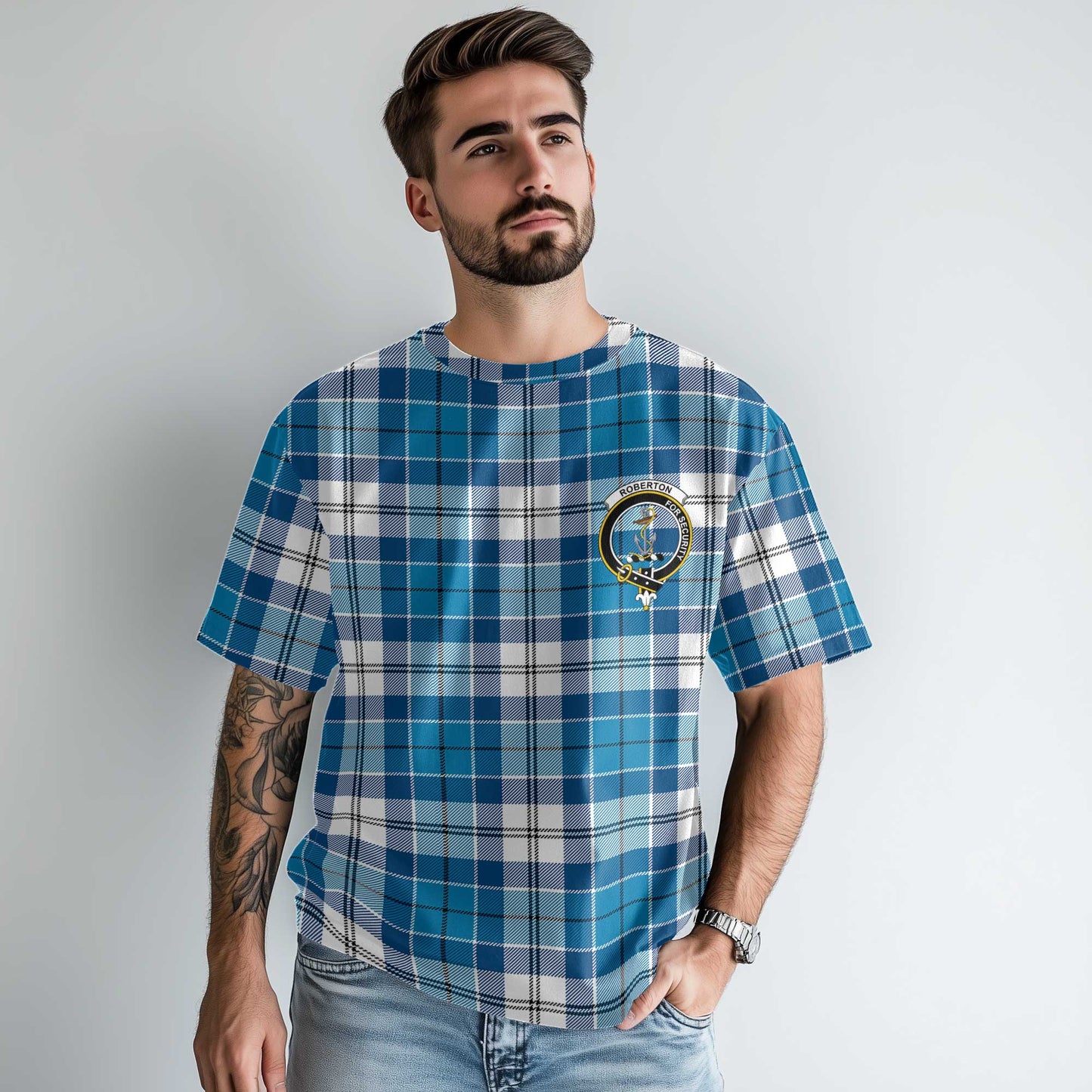 Clan Roberton Tartan Men T Shirt Crest And Plaid Basic Style