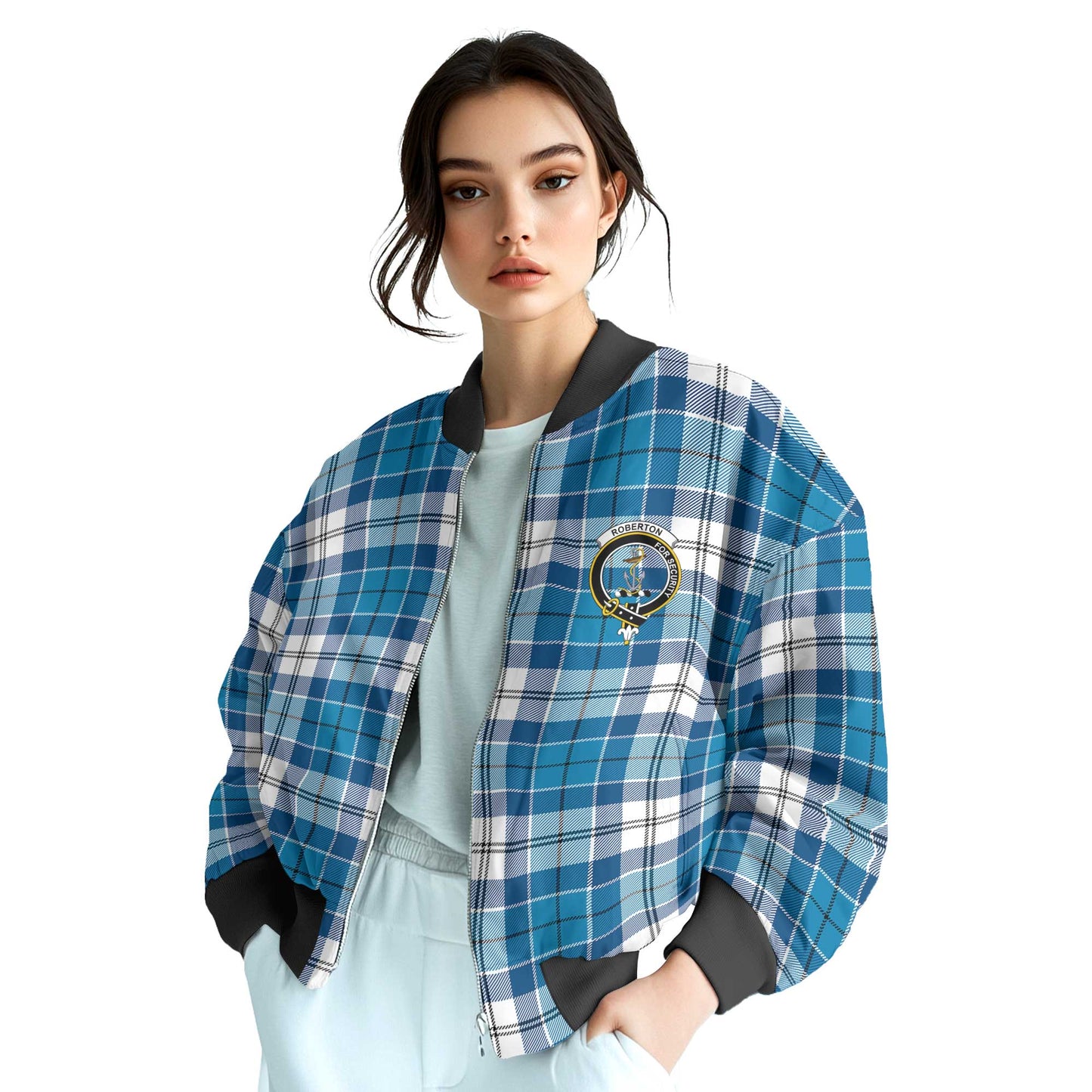 Clan Roberton Tartan Women Bomber Jacket Crest And Plaid Basic Style