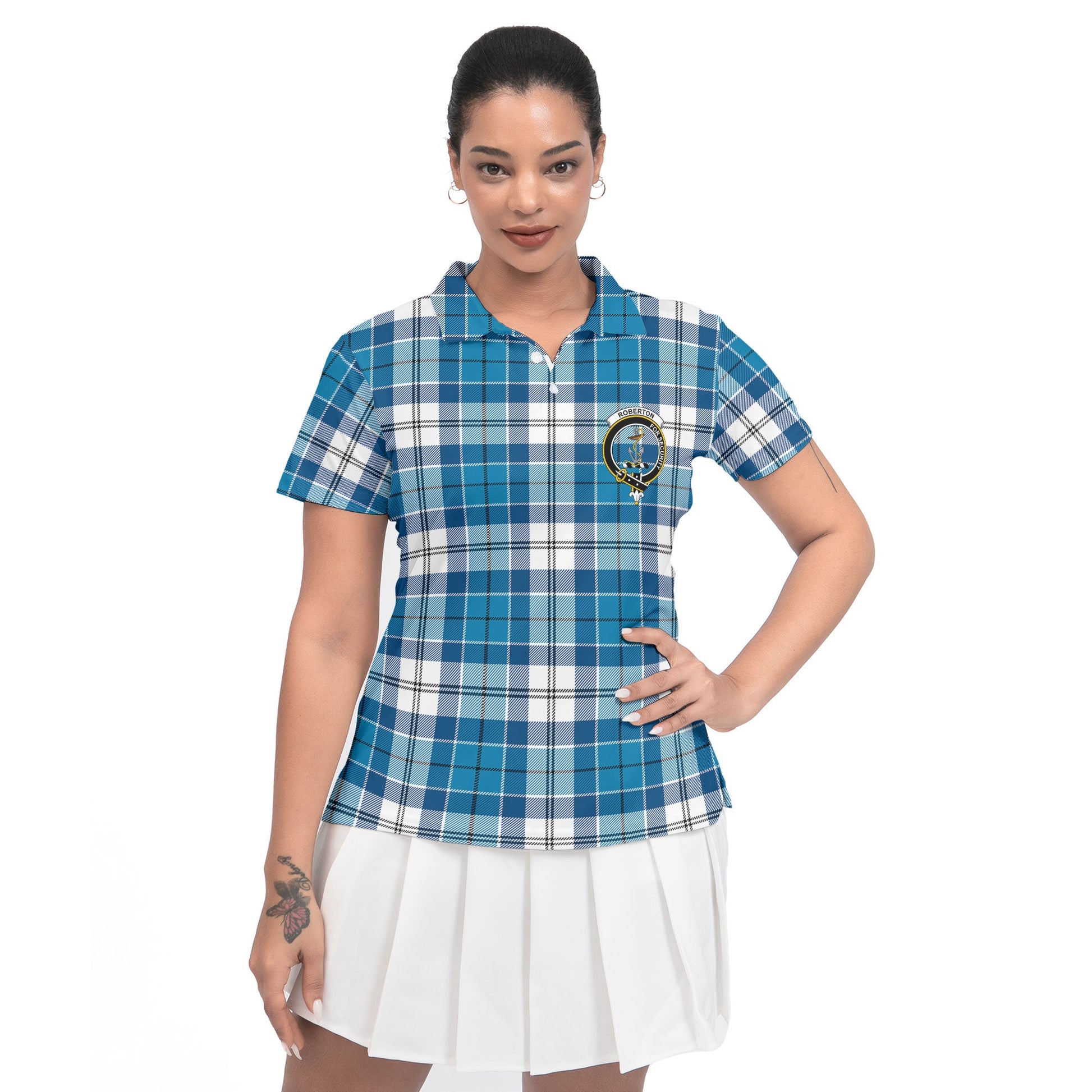 Clan Roberton Tartan Women Polo Shirt Crest And Plaid Basic Style