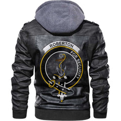 Clan Roberton Tartan Zip Leather Jacket Crest And Plaid Basic Style