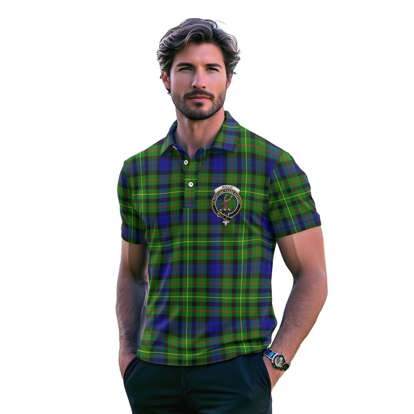 Clan Rollo Tartan Golf Tartan Men Polo Shirt Crest And Plaid Basic Style