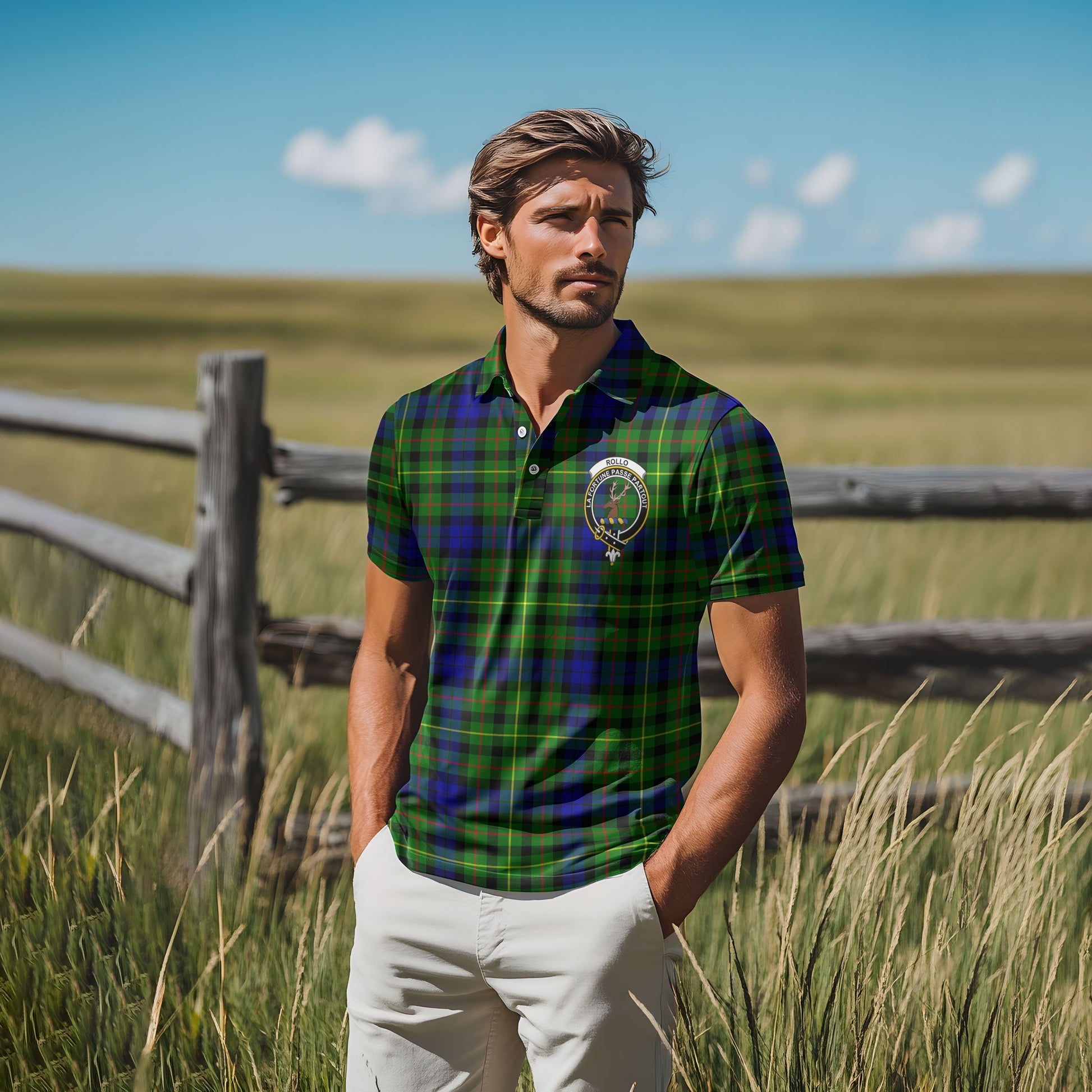 Clan Rollo Tartan Golf Tartan Men Polo Shirt Crest And Plaid Basic Style