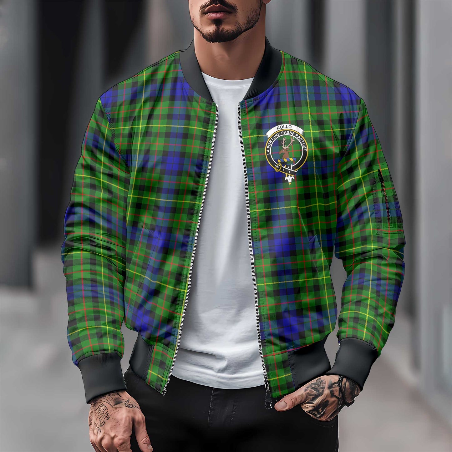 Clan Rollo Tartan Men Bomber Jacket Crest And Plaid Basic Style