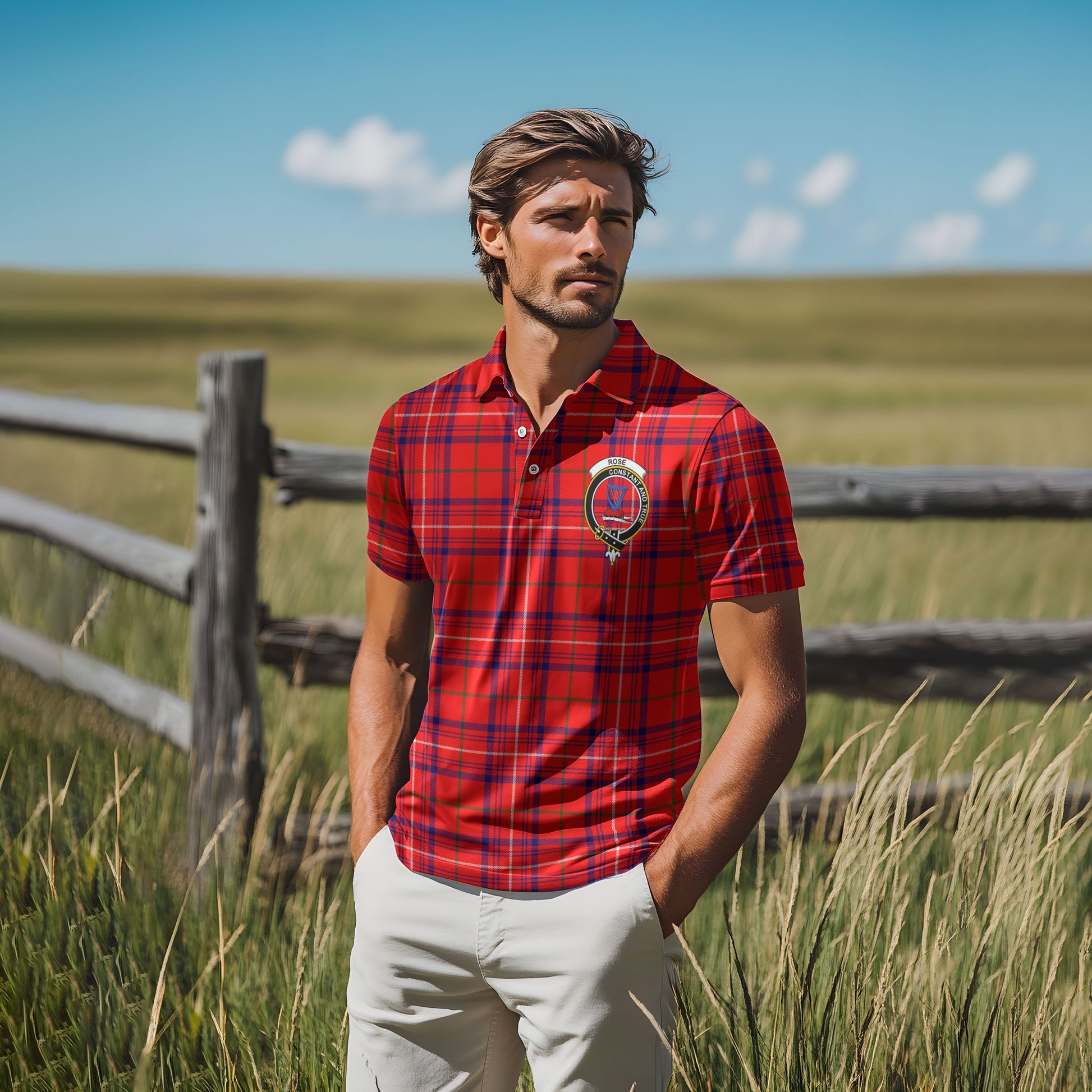 Clan Rose Tartan Golf Men Polo Shirt Crest And Plaid Basic Style