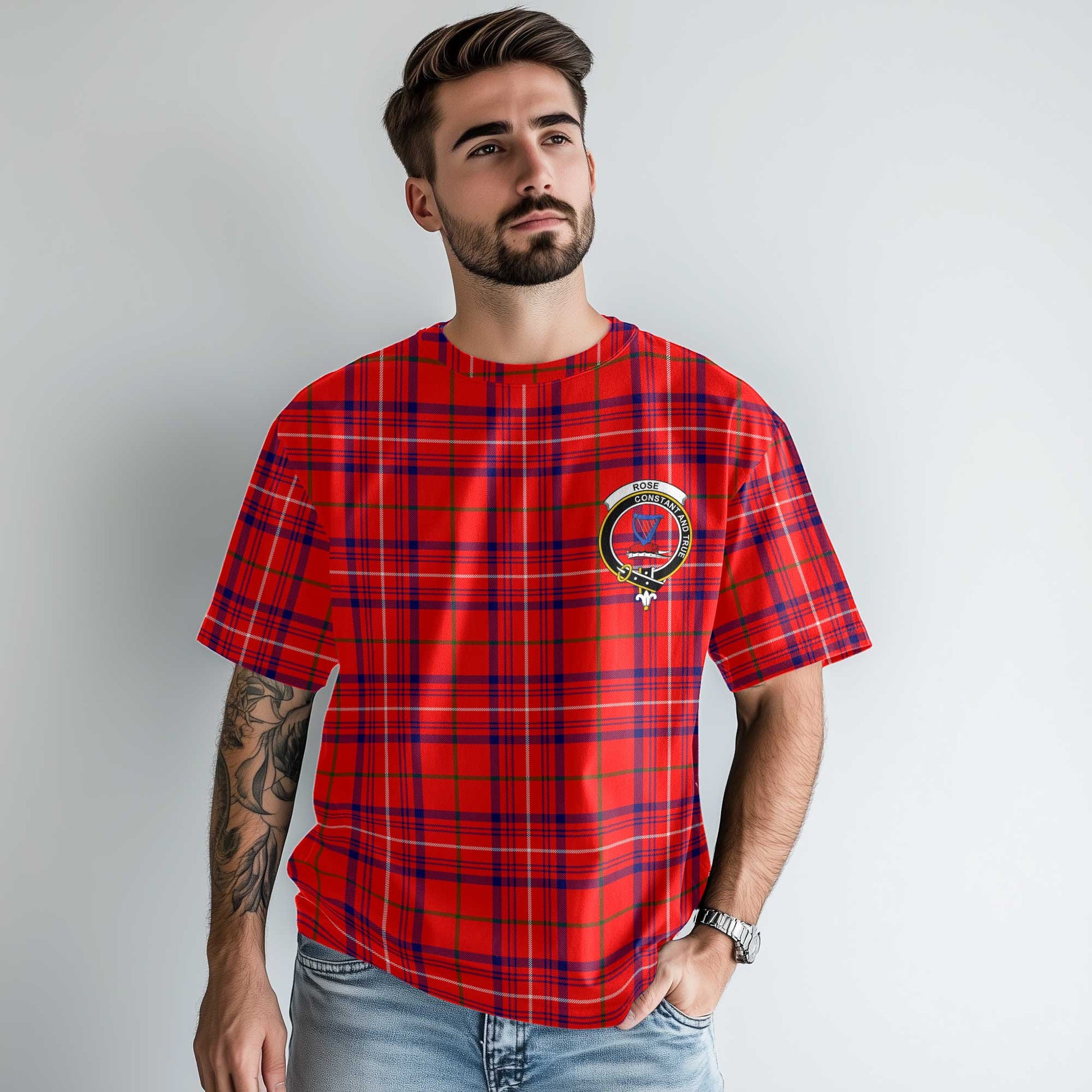 Clan Rose Tartan Men T Shirt Crest And Plaid Basic Style