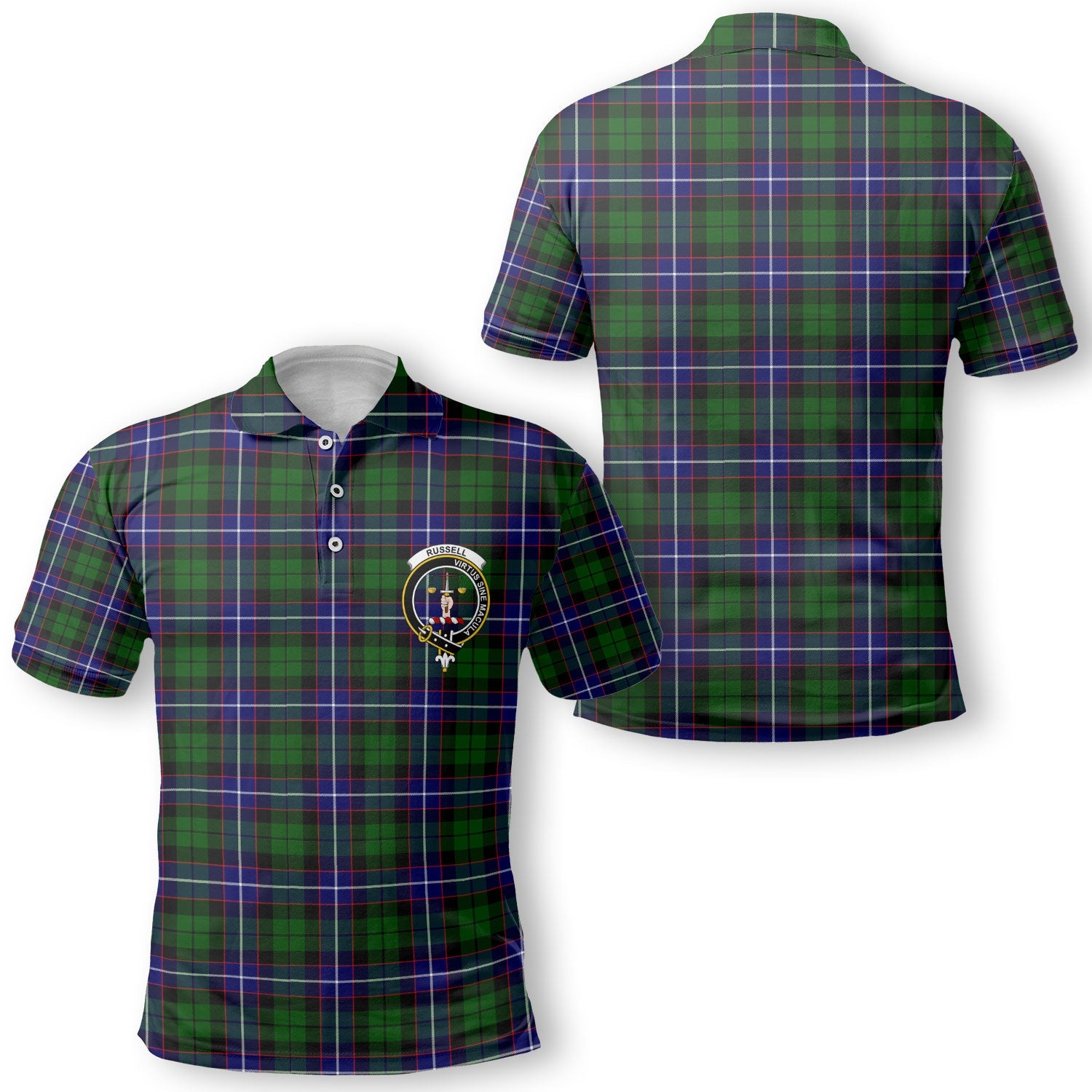 Clan Russell Tartan Golf Men Polo Shirt Crest And Plaid Basic Style