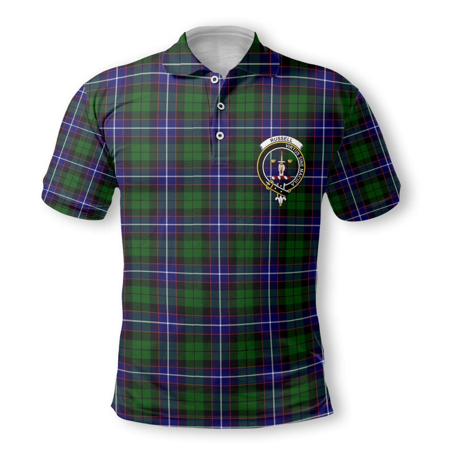 Clan Russell Tartan Golf Tartan Men Polo Shirt Crest And Plaid Basic Style