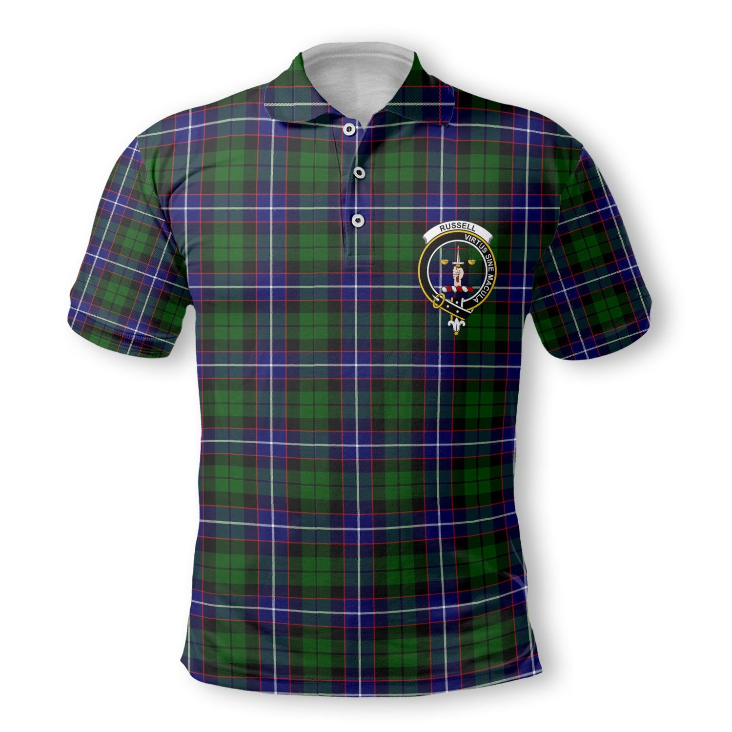 Clan Russell Tartan Golf Men Polo Shirt Crest And Plaid Basic Style