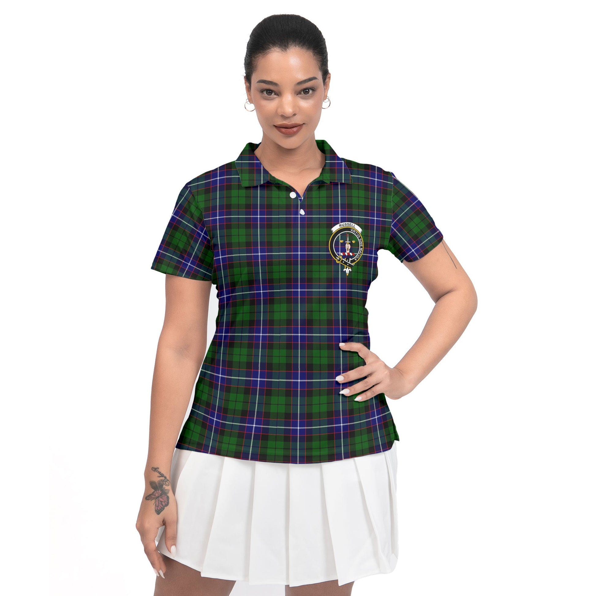 Clan Russell Tartan Women Polo Shirt Crest And Plaid Basic Style