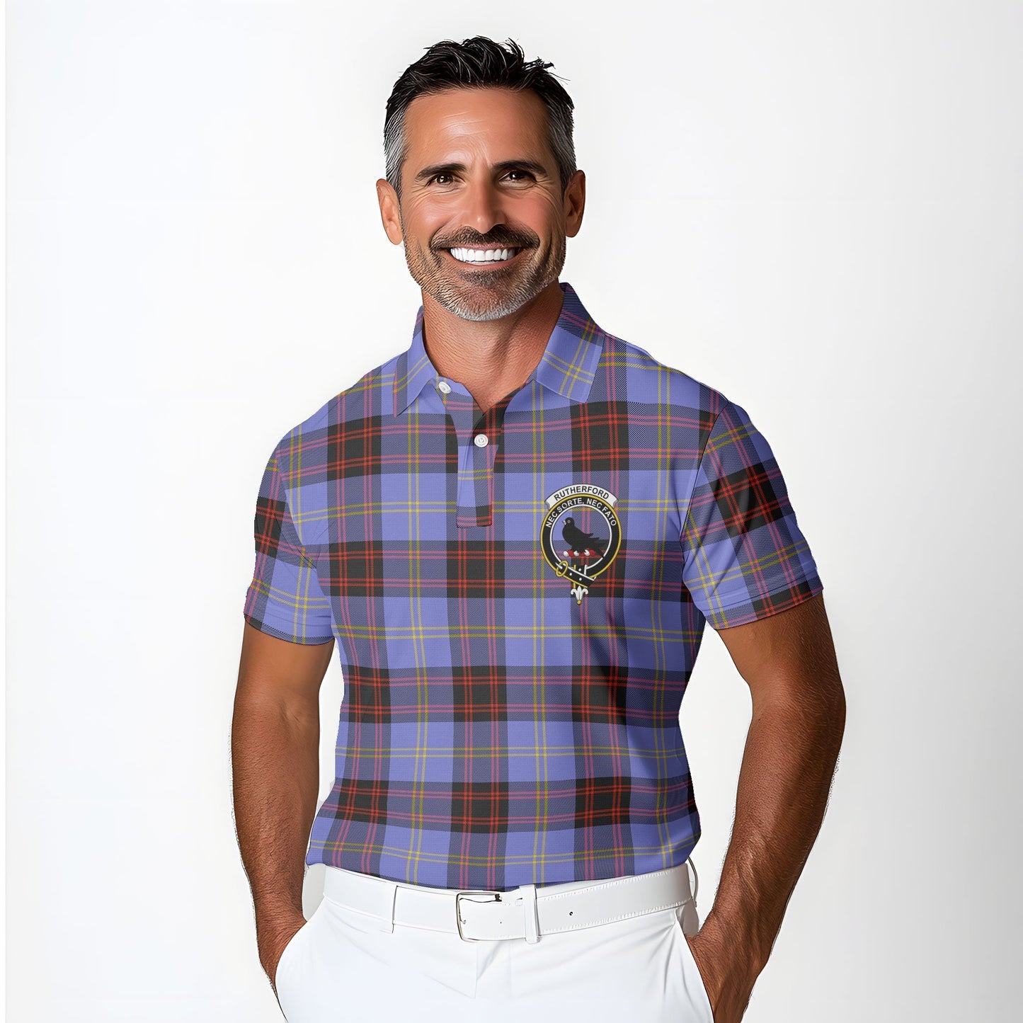 Clan Rutherford Tartan Golf Tartan Men Polo Shirt Crest And Plaid Basic Style