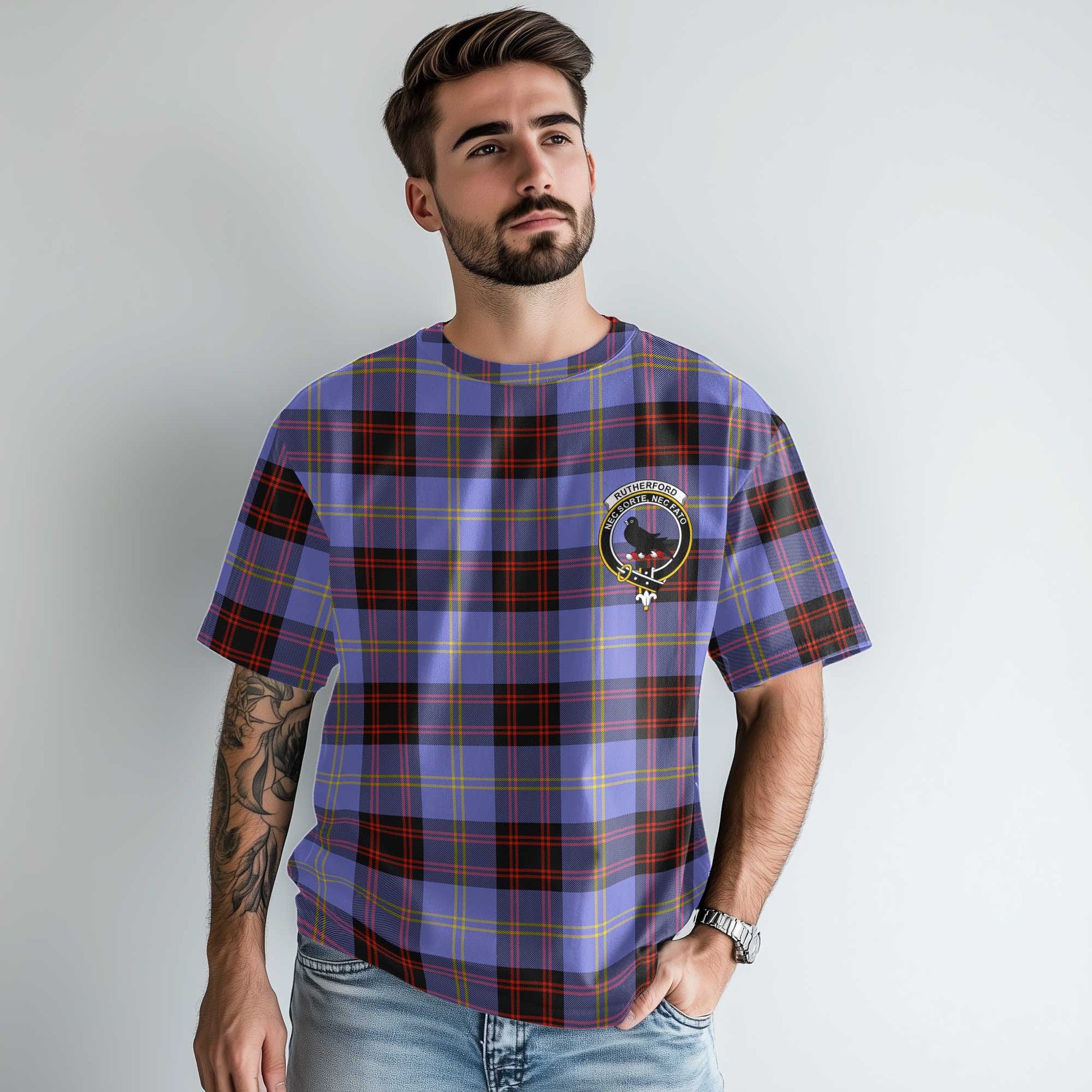 Clan Rutherford Tartan Men T Shirt Crest And Plaid Basic Style