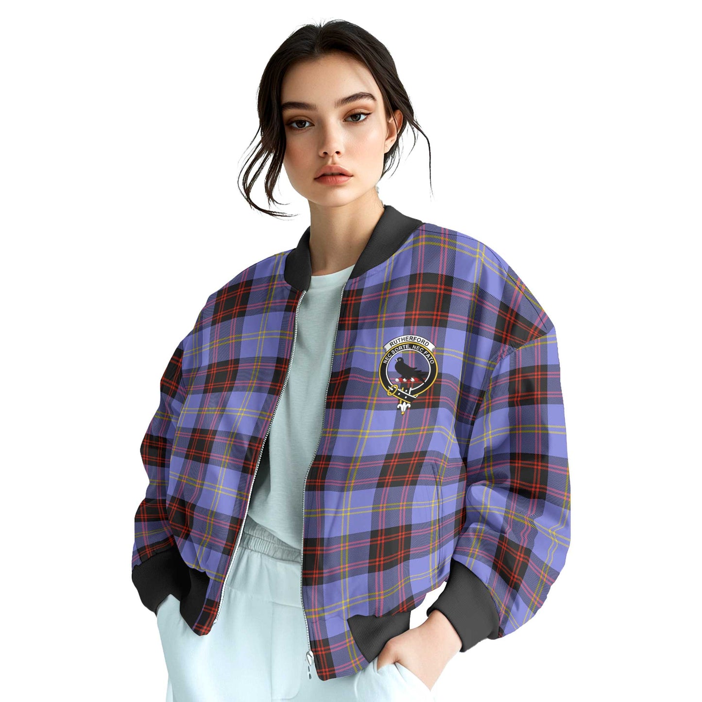 Clan Rutherford Tartan Women Bomber Jacket Crest And Plaid Basic Style