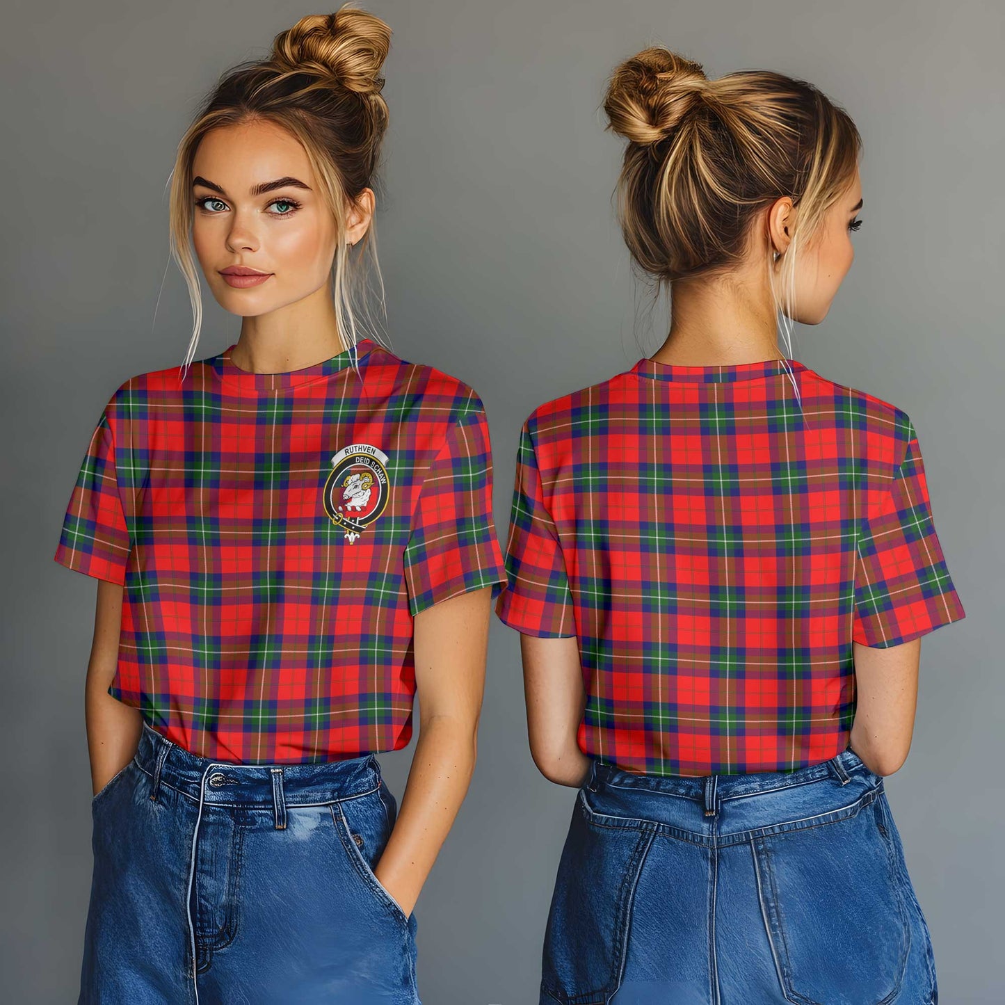 Clan Ruthven Tartan Women T Shirt Crest And Plaid Basic Style